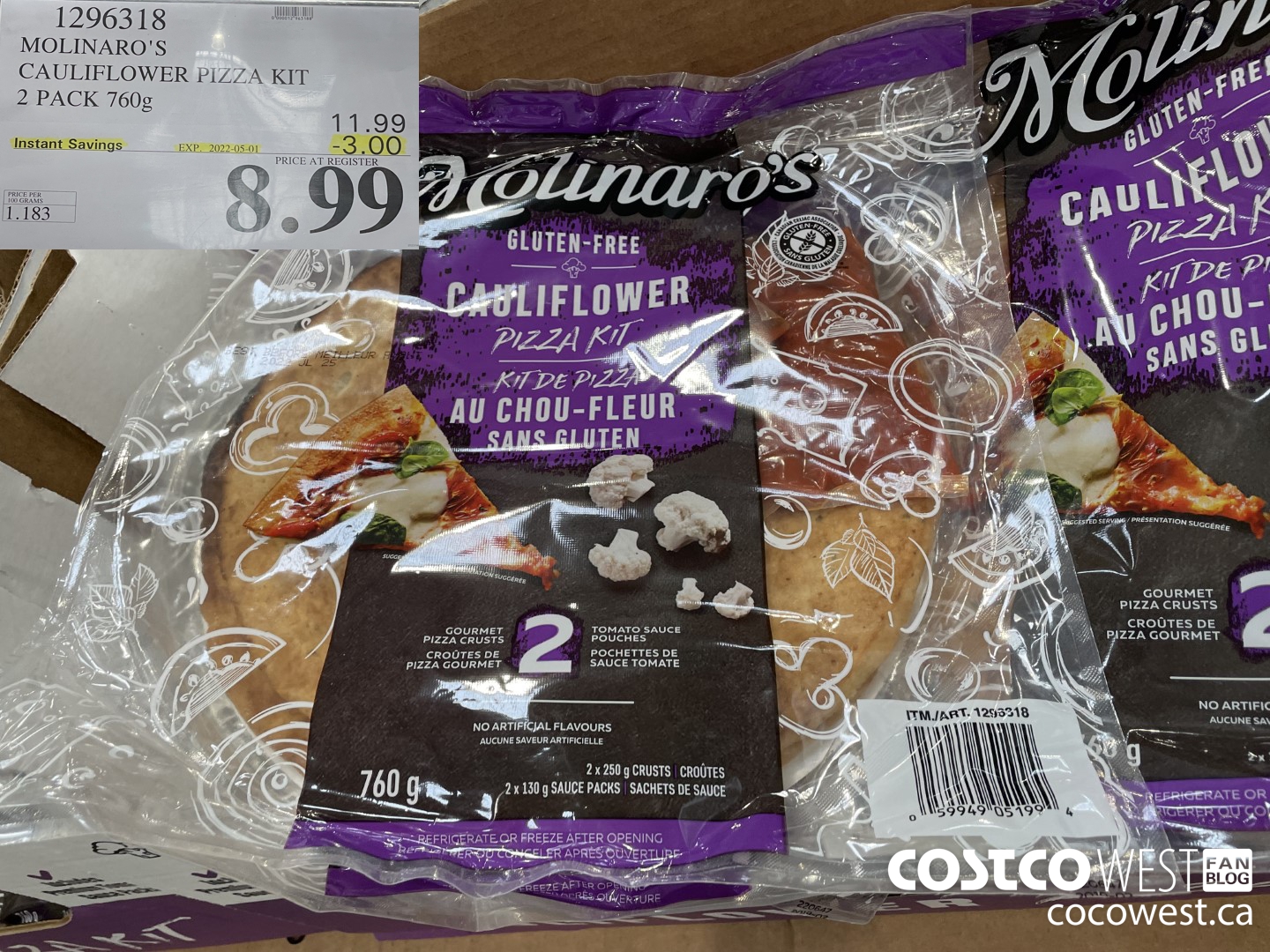 1296318 MOLINARO'S CAULIFLOWER PIZZA KIT 2 PACK 760g ($3.00 INSTANT SAVINGS EXPIRES ON 2022-05-01) $8.99
