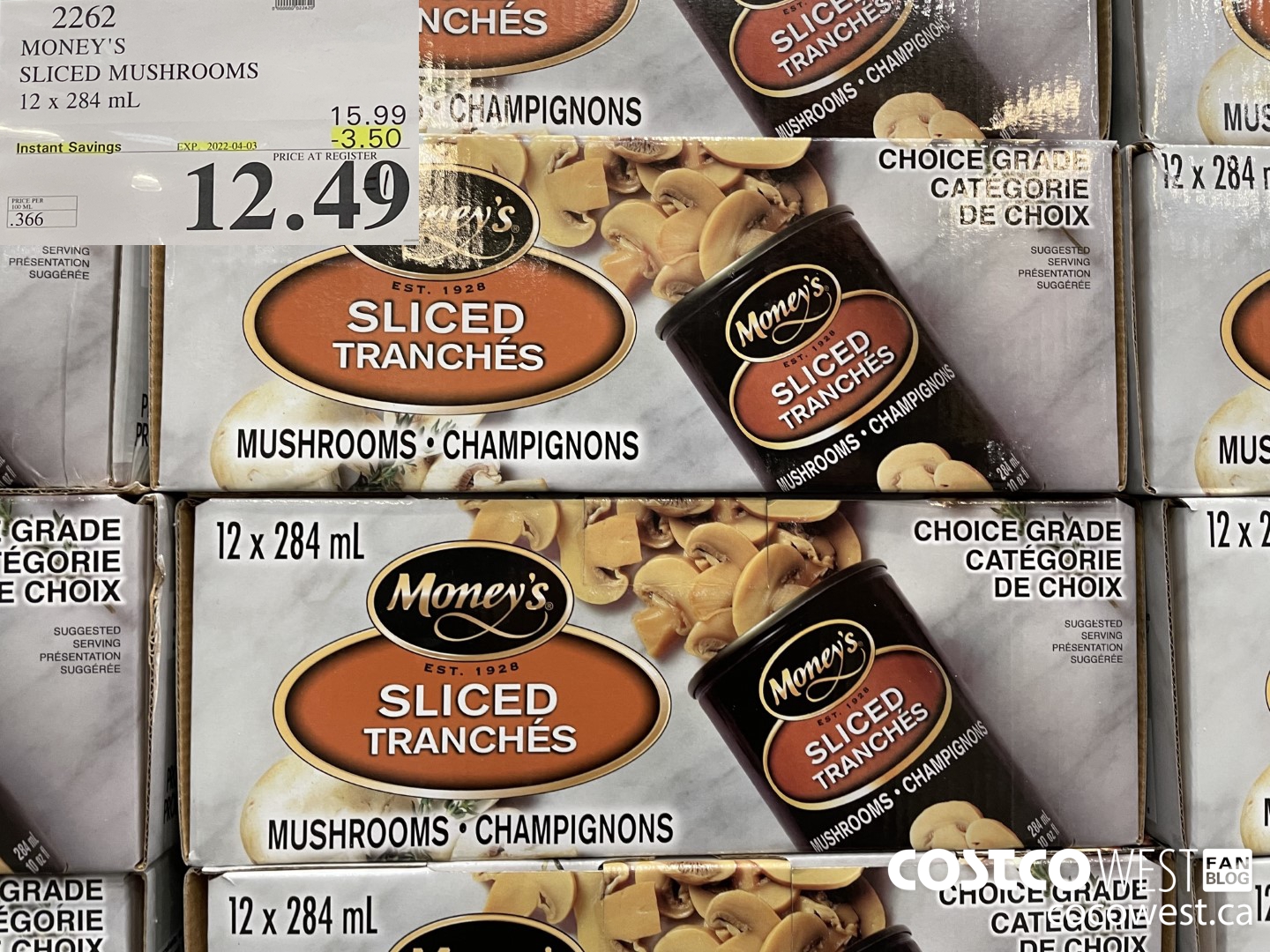 2262 MONEY'S SLICED MUSHROOMS 12 x 284 mL ($3.50 INSTANT SAVINGS EXPIRES ON 2022-04-03) $12.49