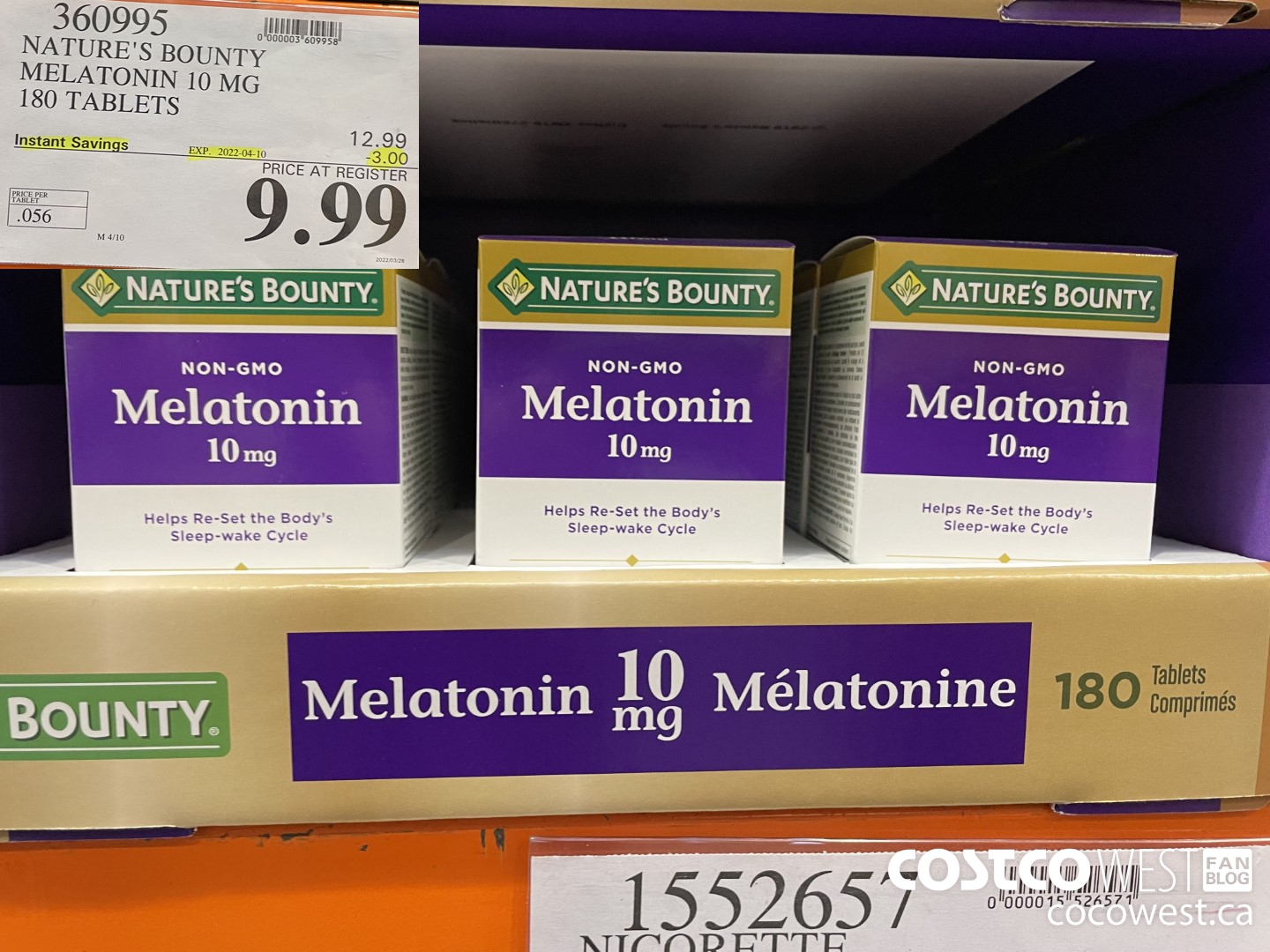 360995 NATURE'S BOUNTY MELATONIN 10 MG 180 TABLETS ($3.00 INSTANT SAVINGS EXPIRES ON 2022-04-10) $9.99