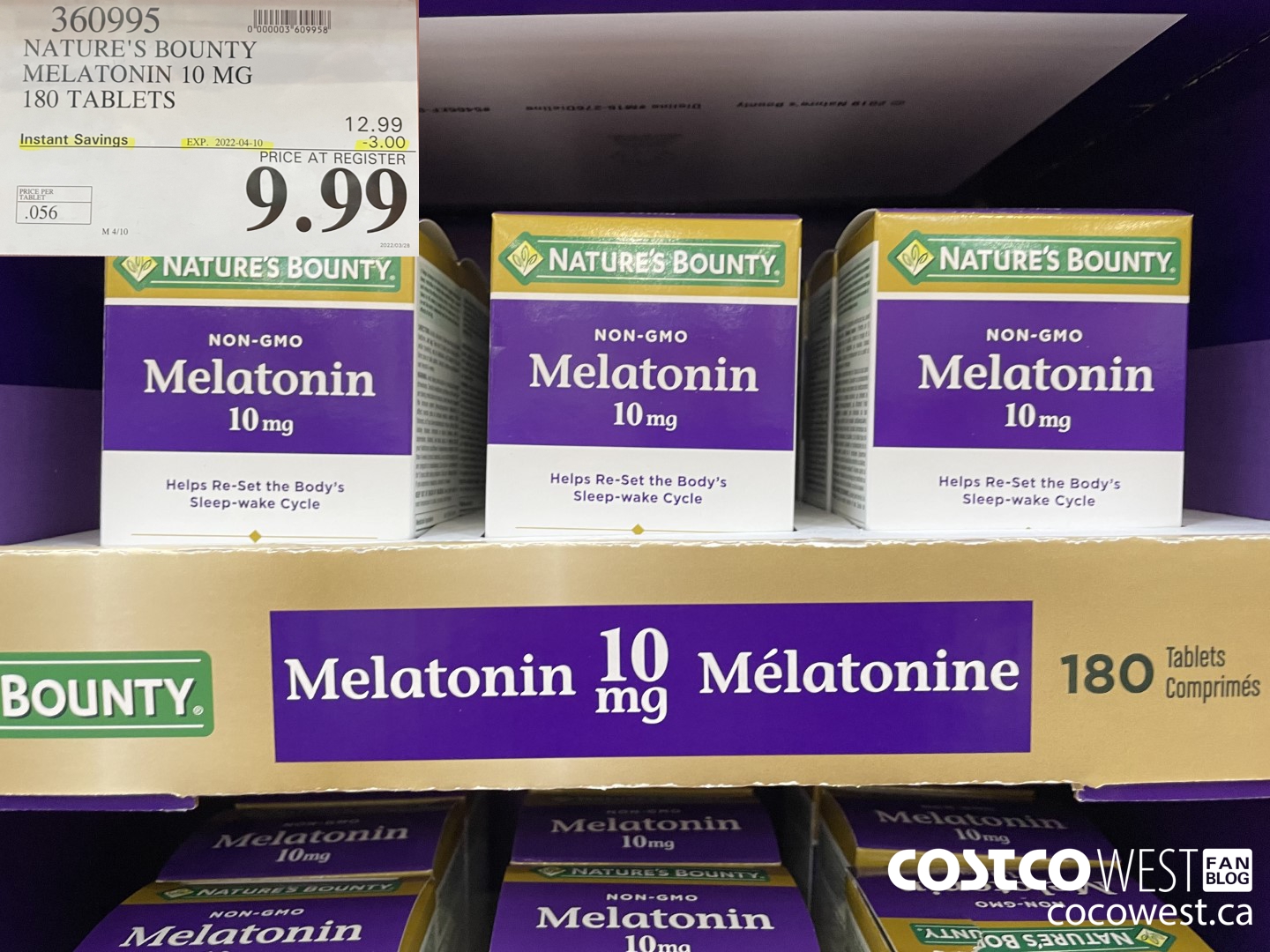 360995 NATURE'S BOUNTY MELATONIN 10 MG 180 TABLETS ($3.00 INSTANT SAVINGS EXPIRES ON 2022-04-10) $9.99