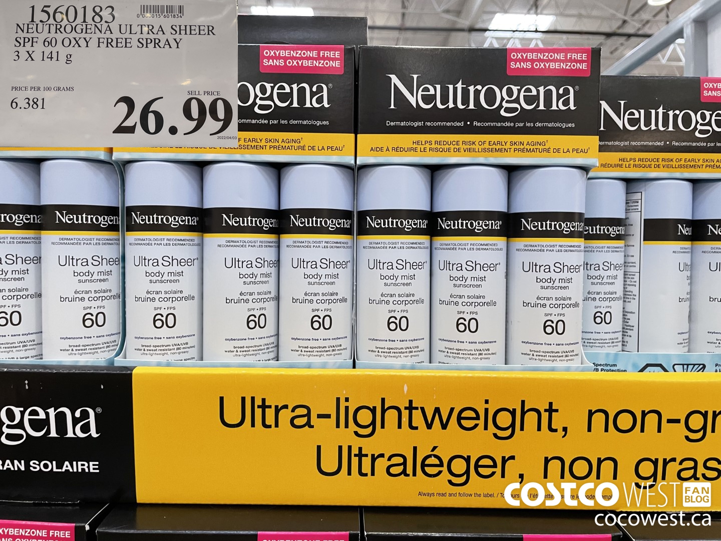 1560183 NEUTROGENA ULTRA SHEER SPF 60 OXY FREE SPRAY 3 X 141 g $26.99