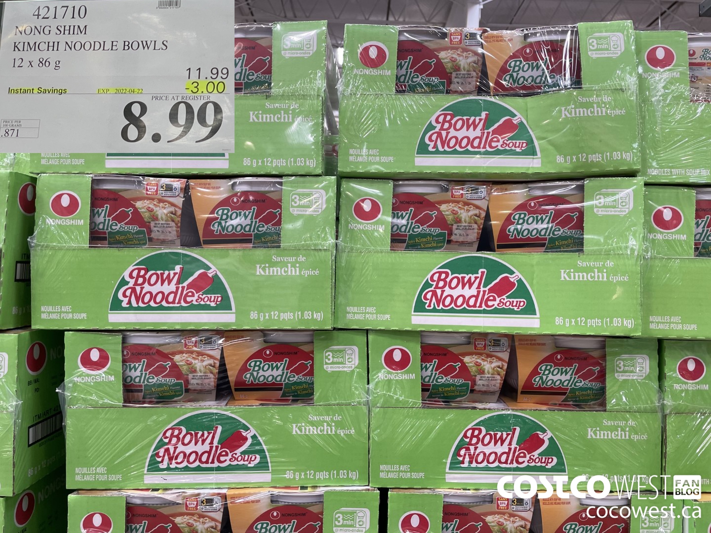 421710 NONG SHIM KIMCHI NOODLE BOWLS 12 x 86g ($3.00 INSTANT SAVINGS EXPIRES ON 2022-04-22) $8.99