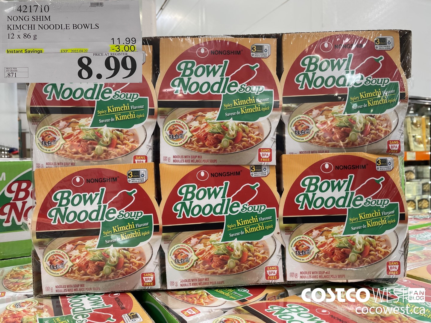 421710 NONG SHIM KIMCHI NOODLE BOWLS 12 x 86g ($3.00 INSTANT SAVINGS EXPIRES ON 2022-04-22) $8.99