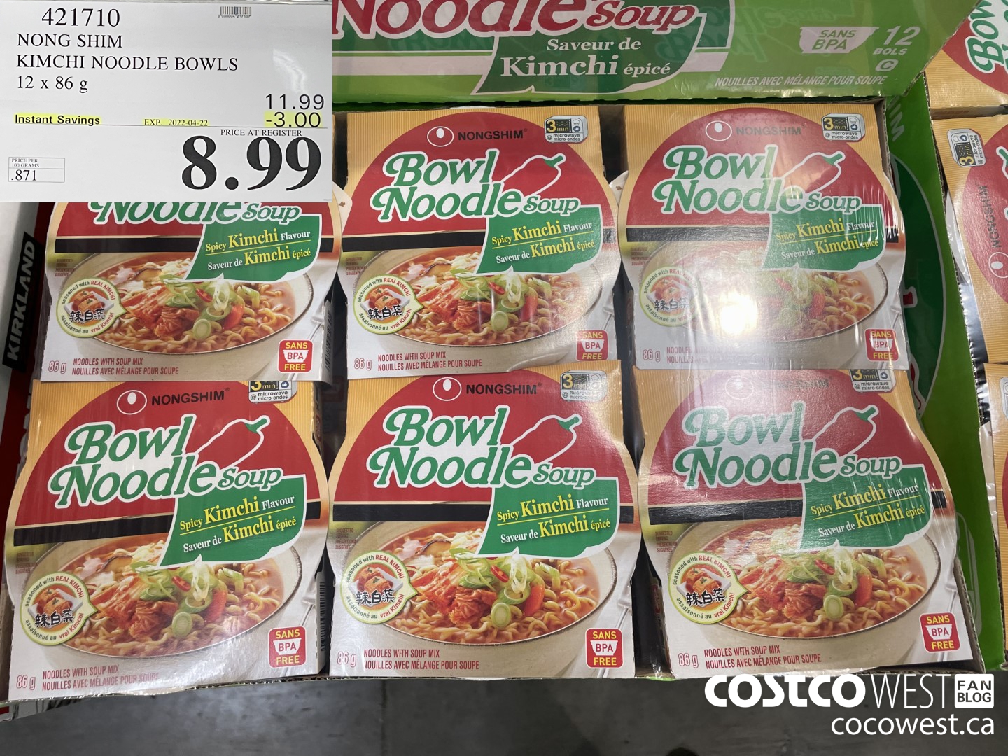 421710 NONG SHIM KIMCHI NOODLE BOWLS 12 x 86g ($3.00 INSTANT SAVINGS EXPIRES ON 2022-04-22) $8.99