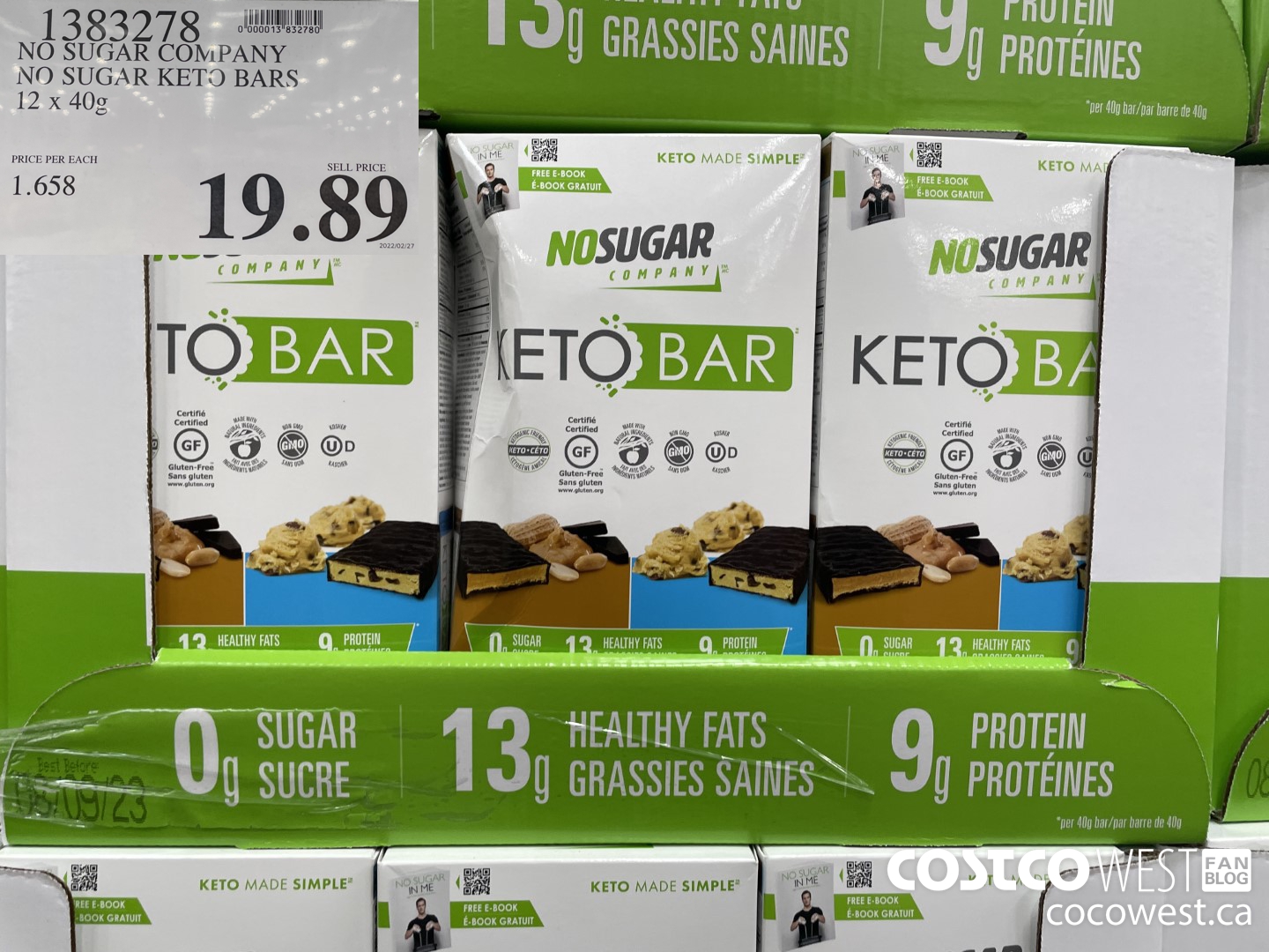 1383278 NO SUGAR COMPANY NO SUGAR KETO BARS 12 x 40g $19.89