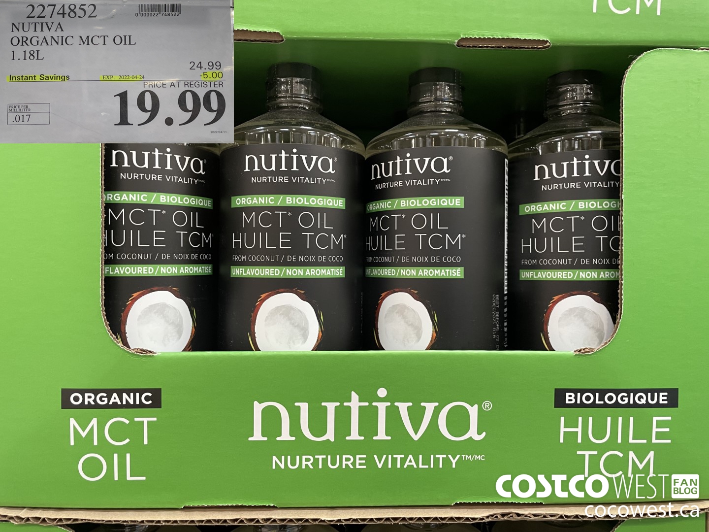 2274852 NUTIVA ORGANIC MCT OIL 1.18L ($5.00 INSTANT SAVINGS EXPIRES ON 2022-04-24) $19.99