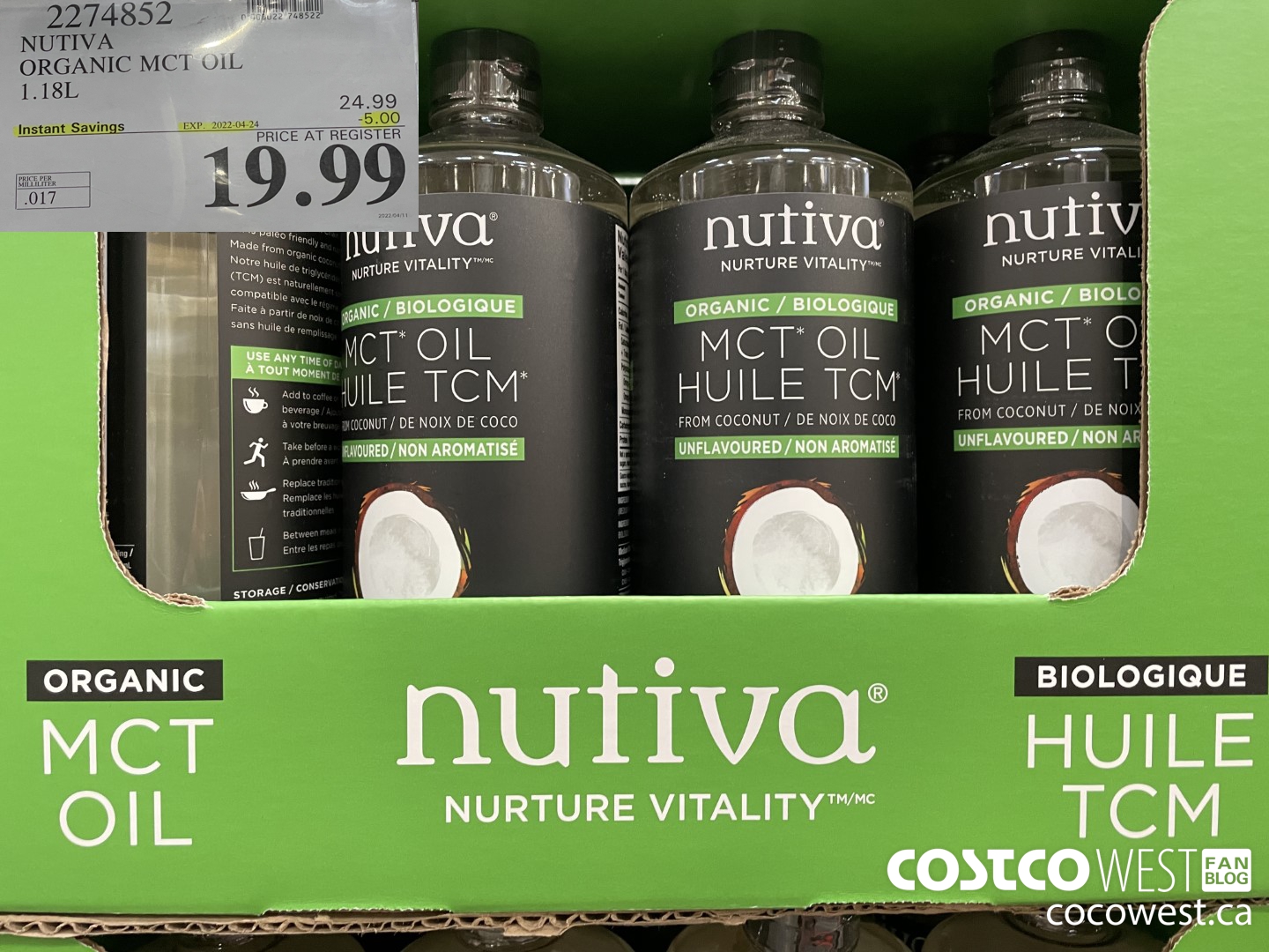 2274852 NUTIVA ORGANIC MCT OIL 1.18L ($5.00 INSTANT SAVINGS EXPIRES ON 2022-04-24) $19.99