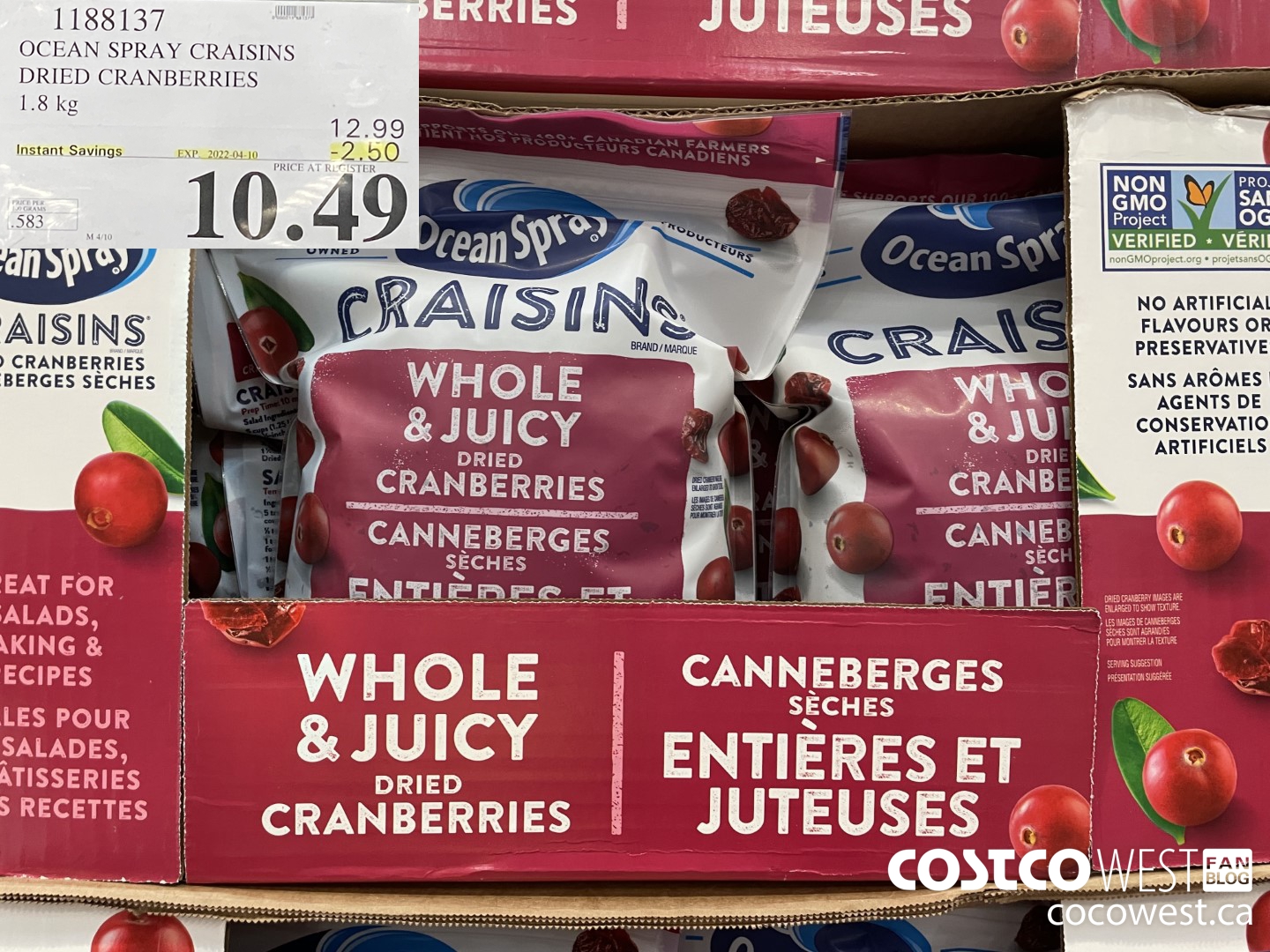 1188137 OCEAN SPRAY CRAISINS 1.8 KG ($2.50 INSTANT SAVINGS EXPIRES ON 2022-04-10) $10.49