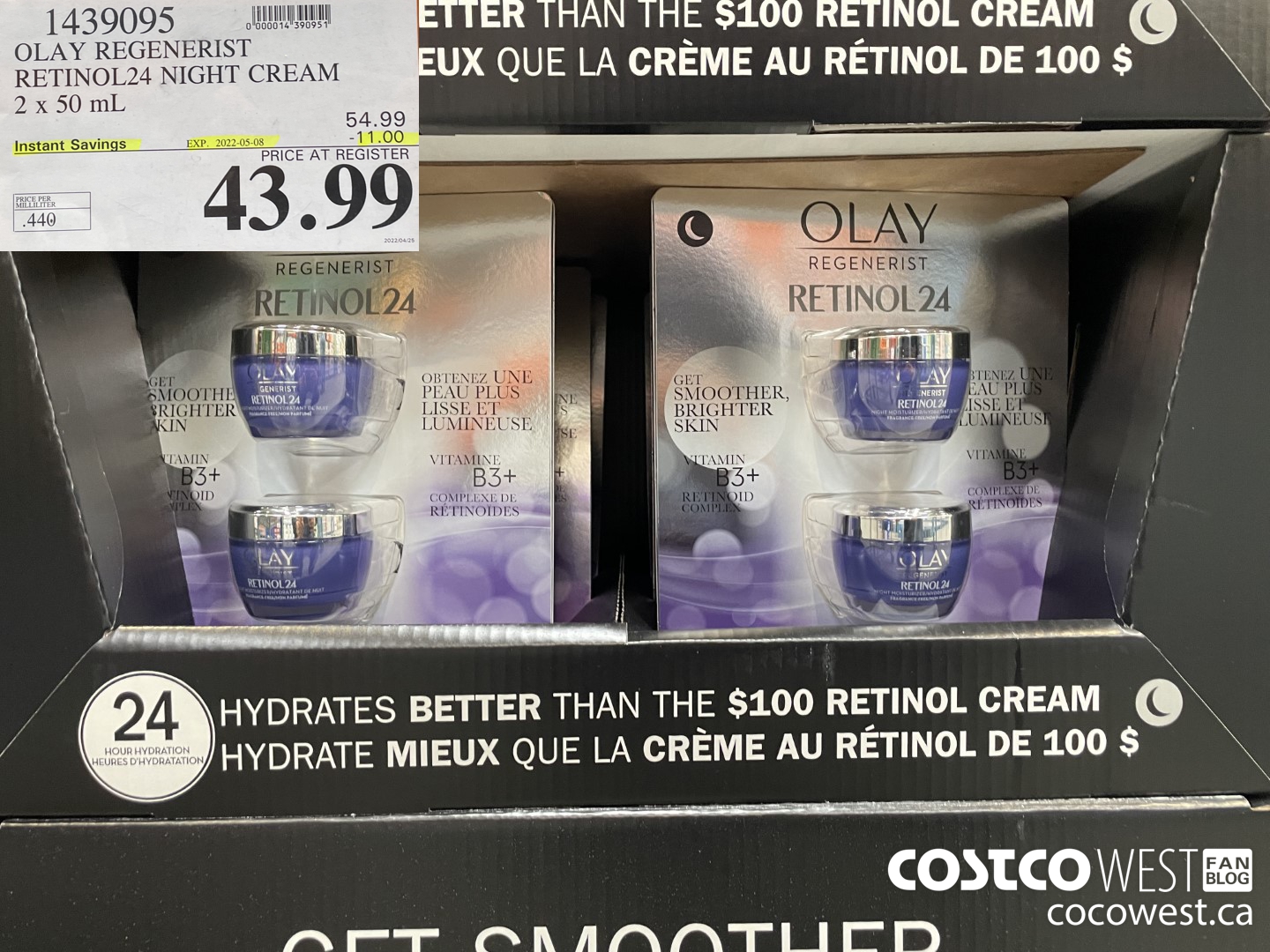 1439095 OLAY REGENERIST RETINOL24 NIGHT CREAM 2 x 50 mL ($11.00 INSTANT SAVINGS EXPIRES ON 2022-05-08) $43.99