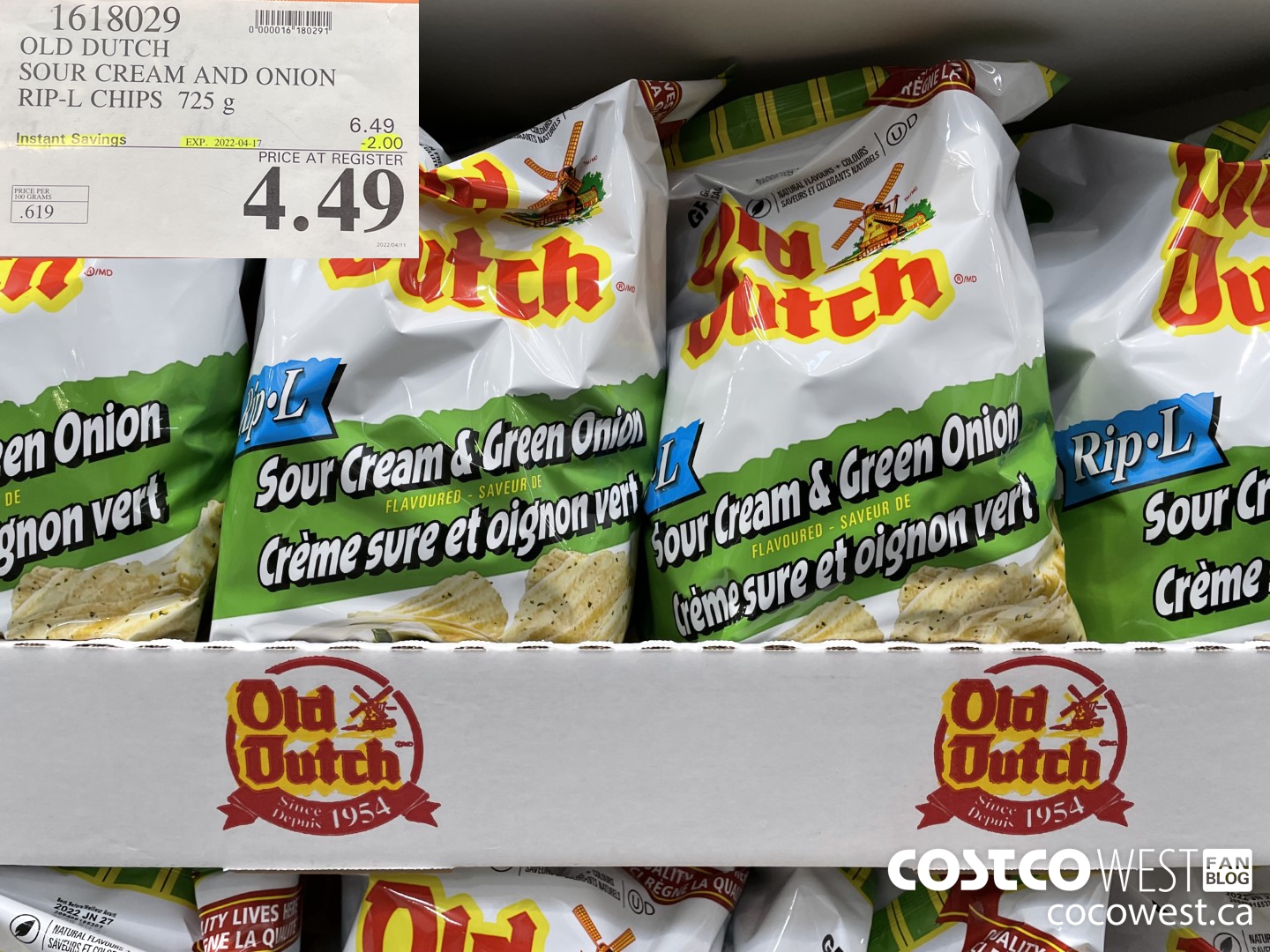 1618029 OLD DUTCH SOUR CREAM AND ONION RIP-L CHIPS 725 g ($2.00 INSTANT SAVINGS EXPIRES ON 2022-04-17) $4.49