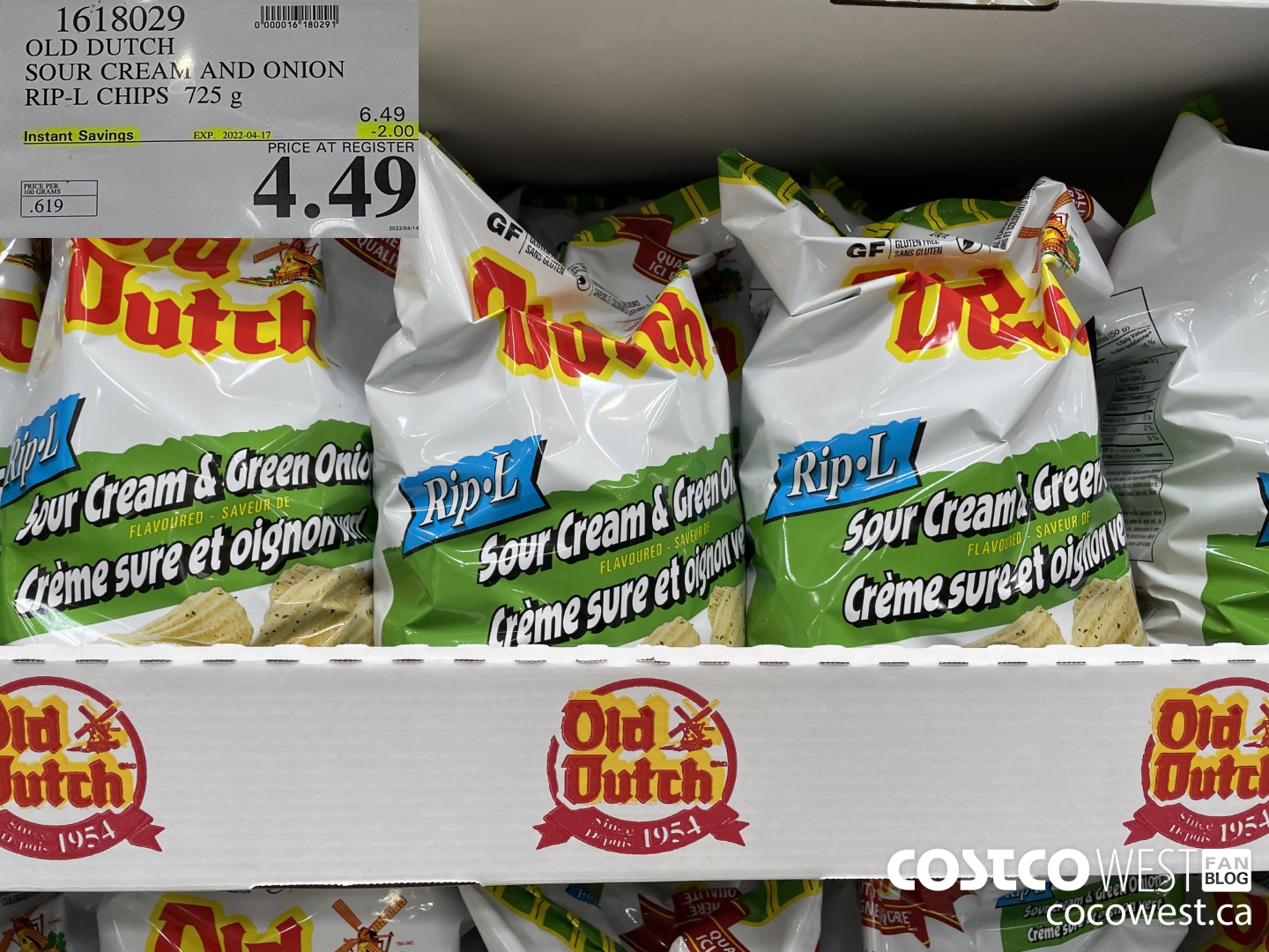 1618029 OLD DUTCH SOUR CREAM AND ONION RIP-L CHIPS 725 g ($2.00 INSTANT SAVINGS EXPIRES ON 2022-04-17) $4.49