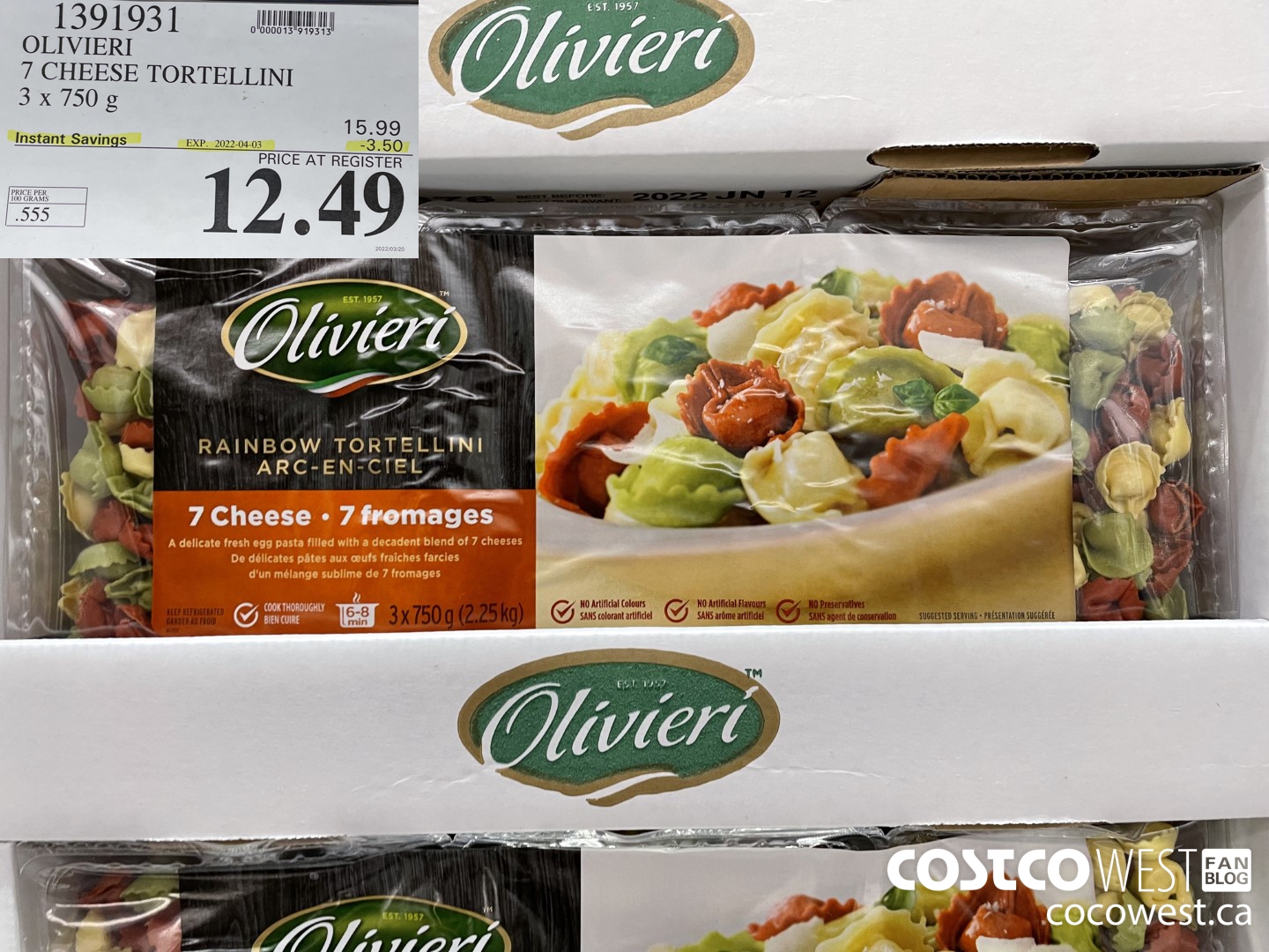 1391931 OLIVIERI 7 CHEESE TORTELLINI 3 x 750 g ($3.50 INSTANT SAVINGS EXPIRES ON 2022-04-03) $12.49