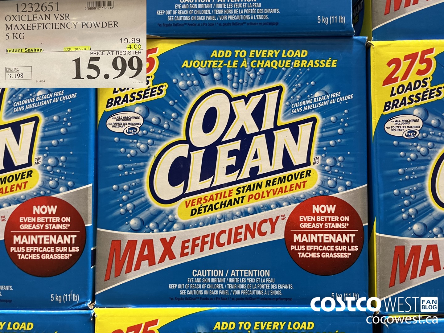 1232651 OXICLEAN VSR MAXEFFICIENCY POWDER 5 KG ($4.00 INSTANT SAVINGS EXPIRES ON 2022-04-24) $15.99