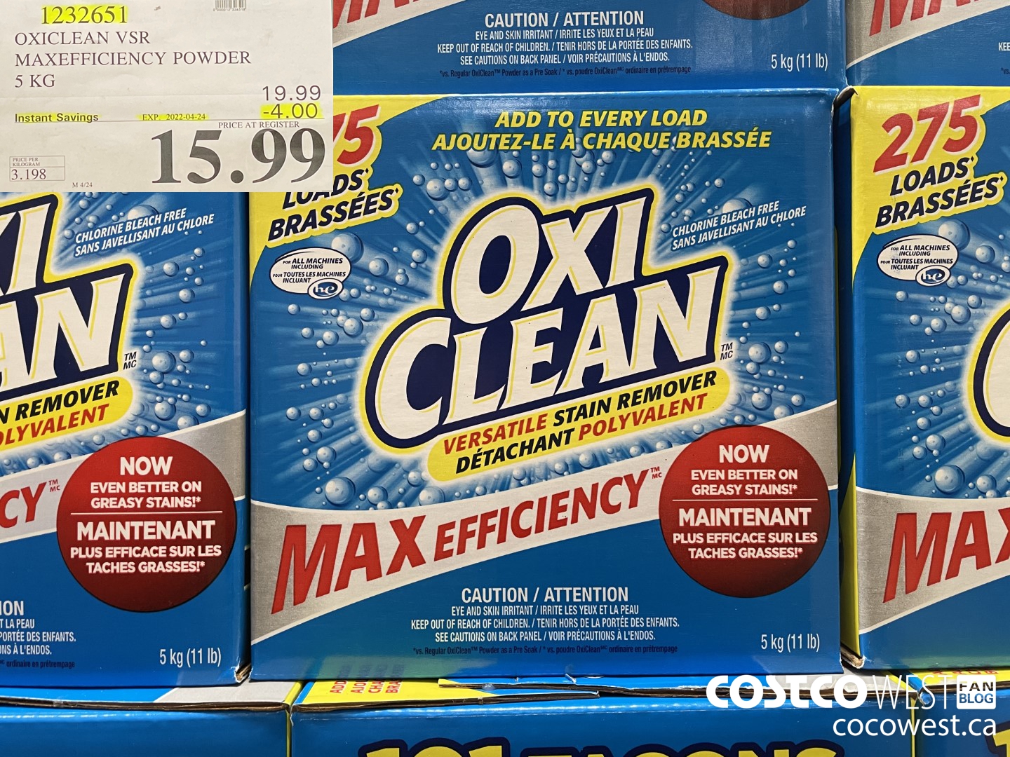 1232651 OXICLEAN VSR MAXEFFICIENCY POWDER 5 KG ($4.00 INSTANT SAVINGS EXPIRES ON 2022-04-24) $15.99