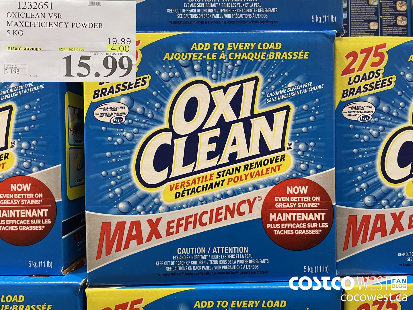 1232651 OXICLEAN VSR MAXEFFICIENCY POWDER 5 KG ($4.00 INSTANT SAVINGS EXPIRES ON 2022-04-24) $15.99