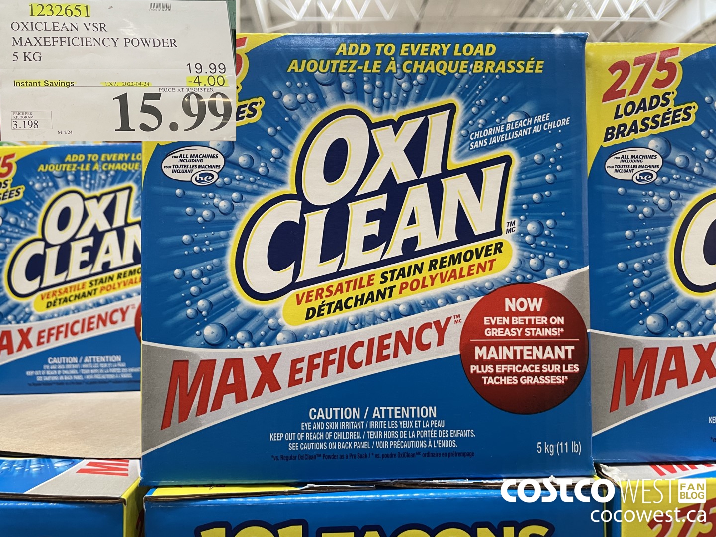 1232651 OXICLEAN VSR MAXEFFICIENCY POWDER 5 KG ($4.00 INSTANT SAVINGS EXPIRES ON 2022-04-24) $15.99