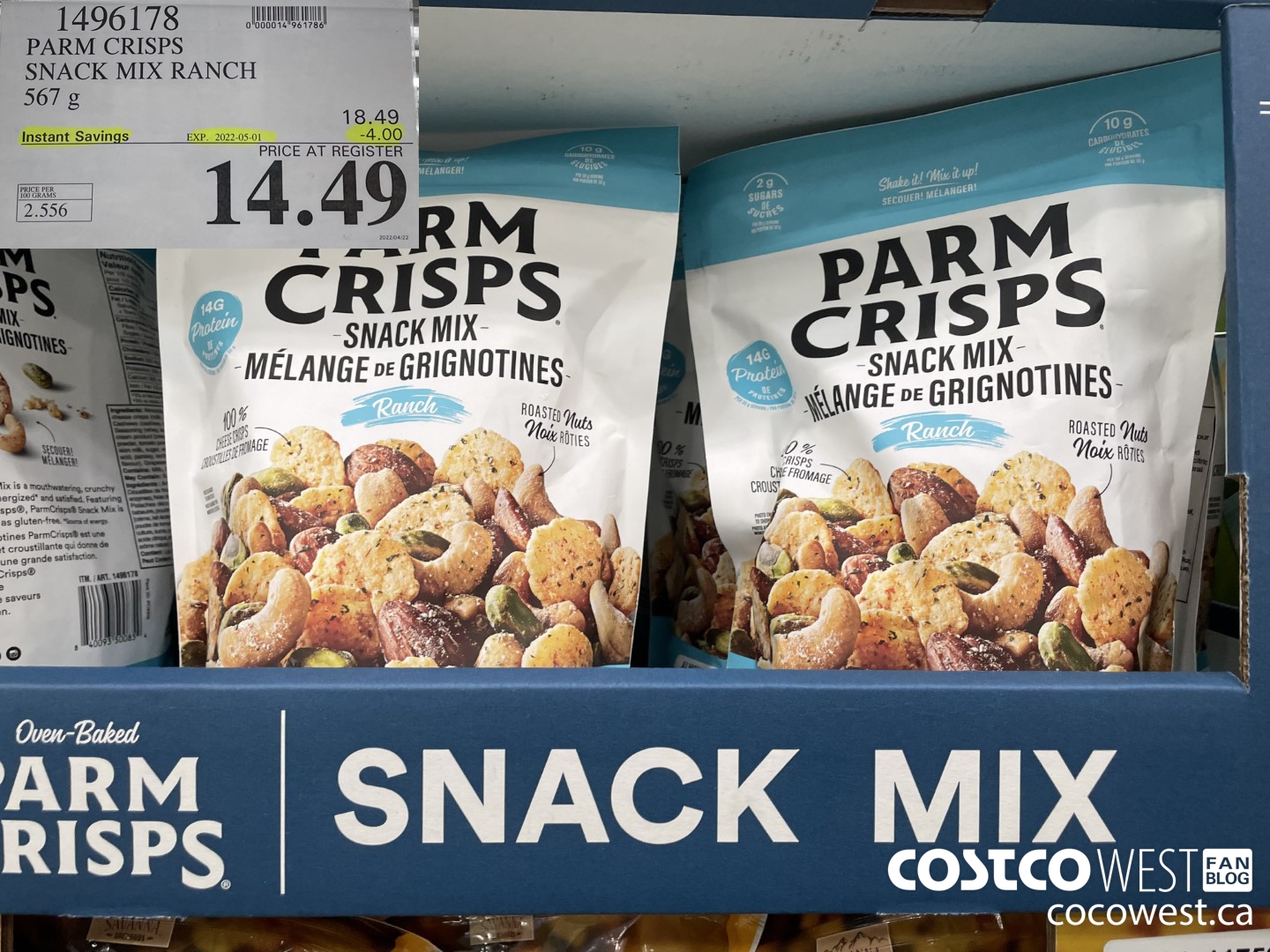 1496178 PARM CRISPS SNACK MIX RANCH 567 g ($4.00 INSTANT SAVINGS EXPIRES ON 2022-05-01) $14.49