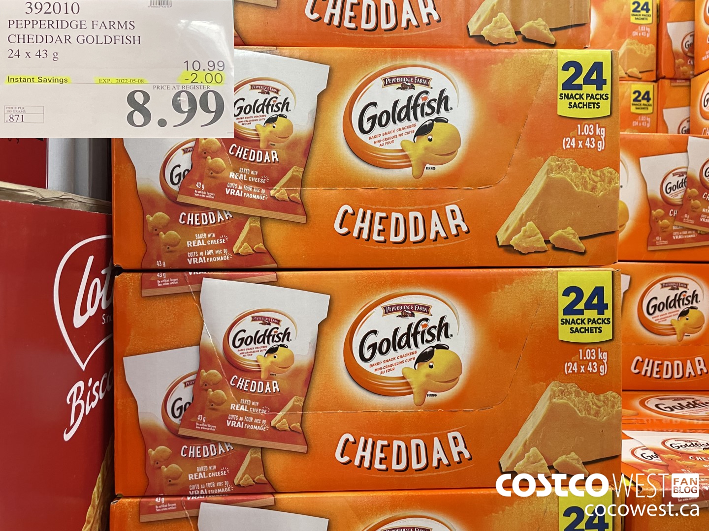 392010 PEPPERIDGE FARMS CHEDDAR GOLDFISH 24 x 43 g ($2.00 INSTANT SAVINGS EXPIRES ON 2022-05-08) $8.89