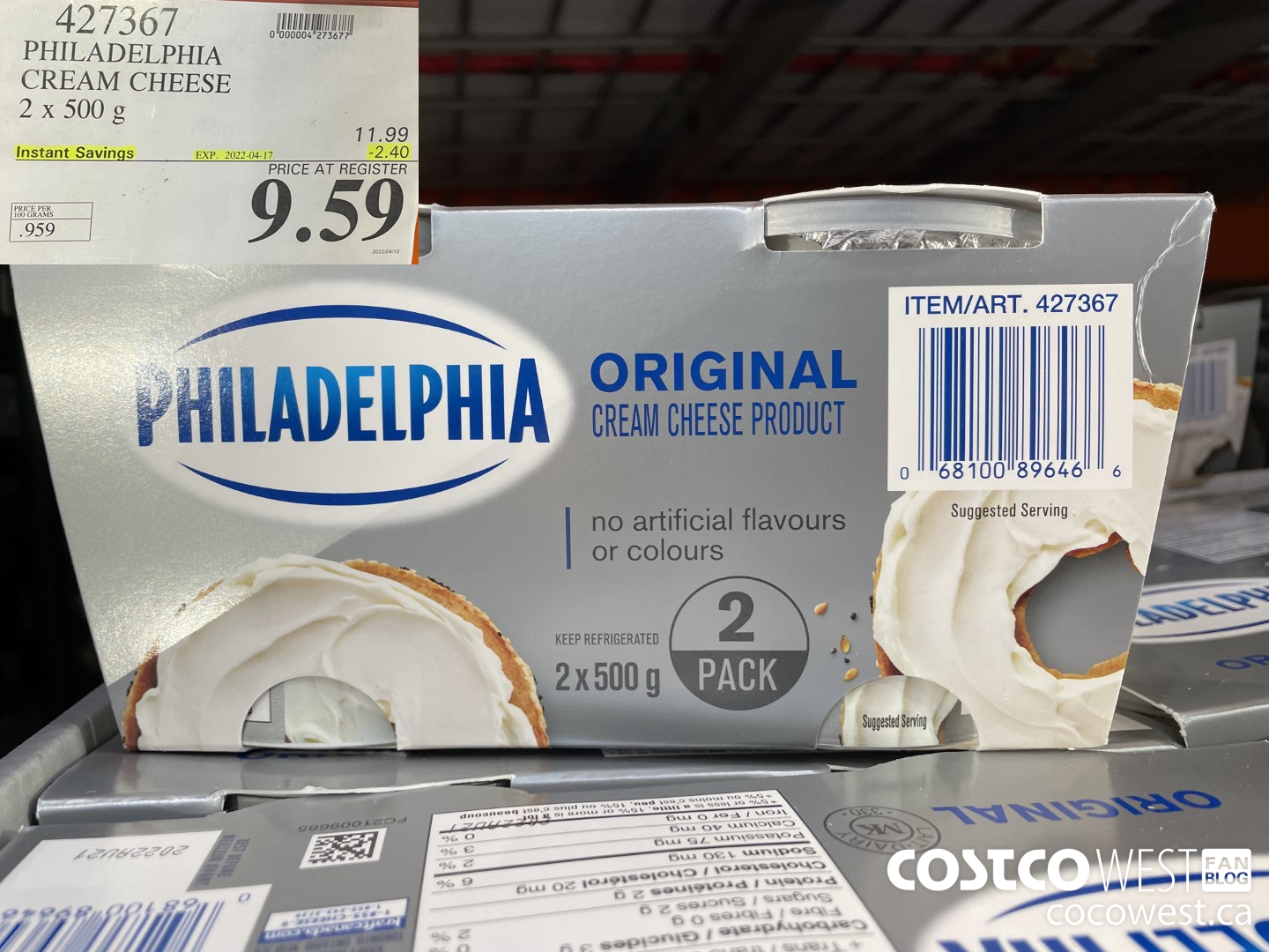 427367 PHILADELPHIA CREAM CHEESE 2 x 500 g ($2.40 INSTANT SAVINGS EXPIRES ON 2022-04-17) $9.59