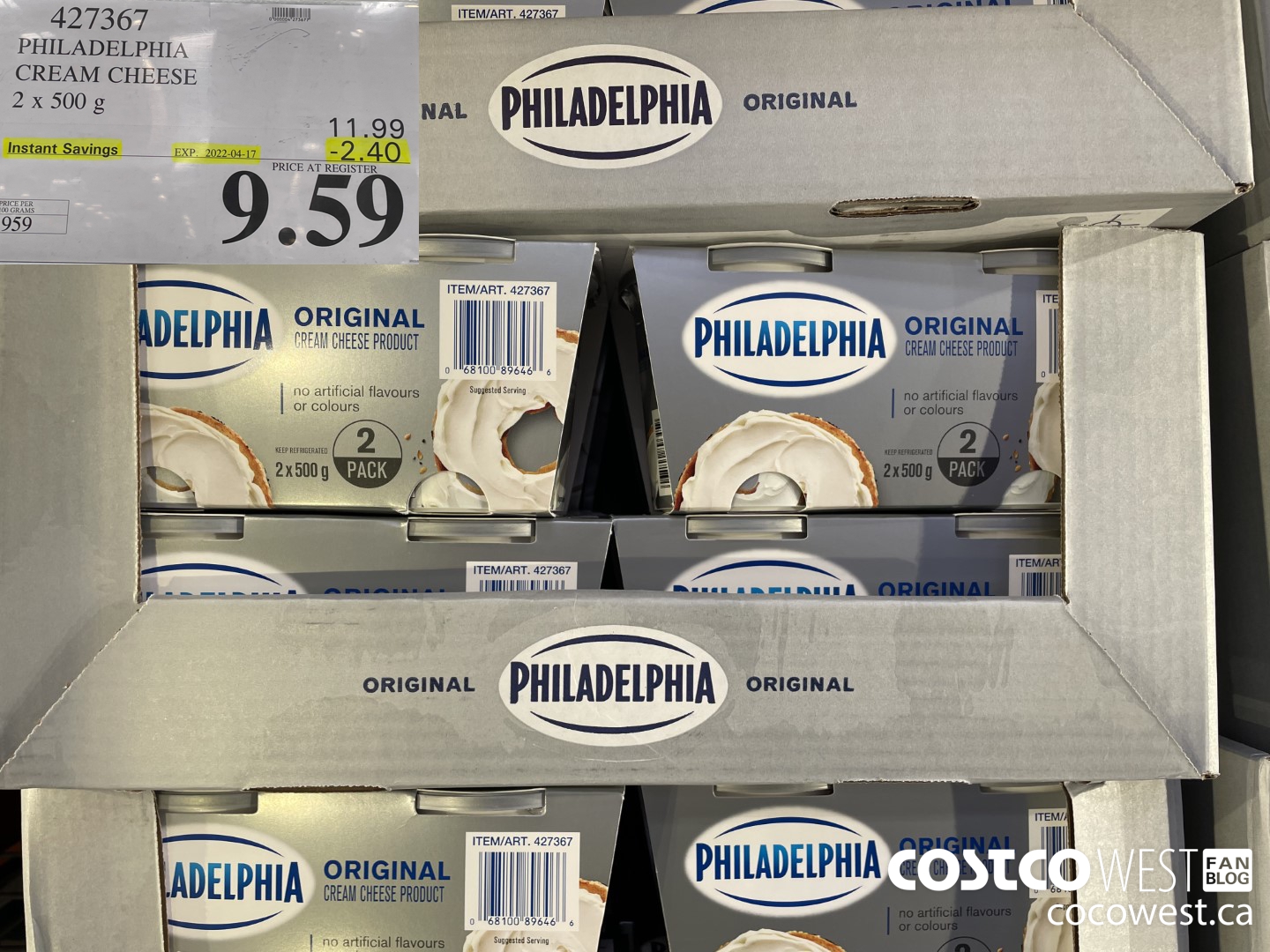 427367 PHILADELPHIA CREAM CHEESE 2 x 500 g ($2.40 INSTANT SAVINGS EXPIRES ON 2022-04-17) $9.59