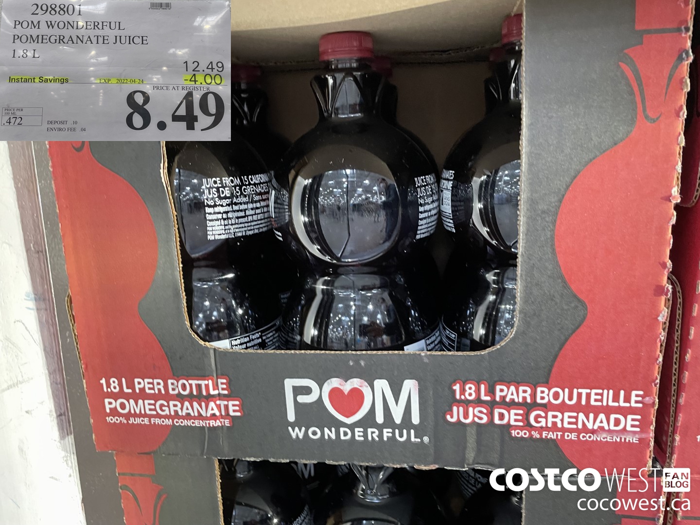 298801 POM WONDERFUL POMEGRANATE JUICE 1.8 L ($4.00 INSTANT SAVINGS EXPIRES ON 2022-04-24) $8.49