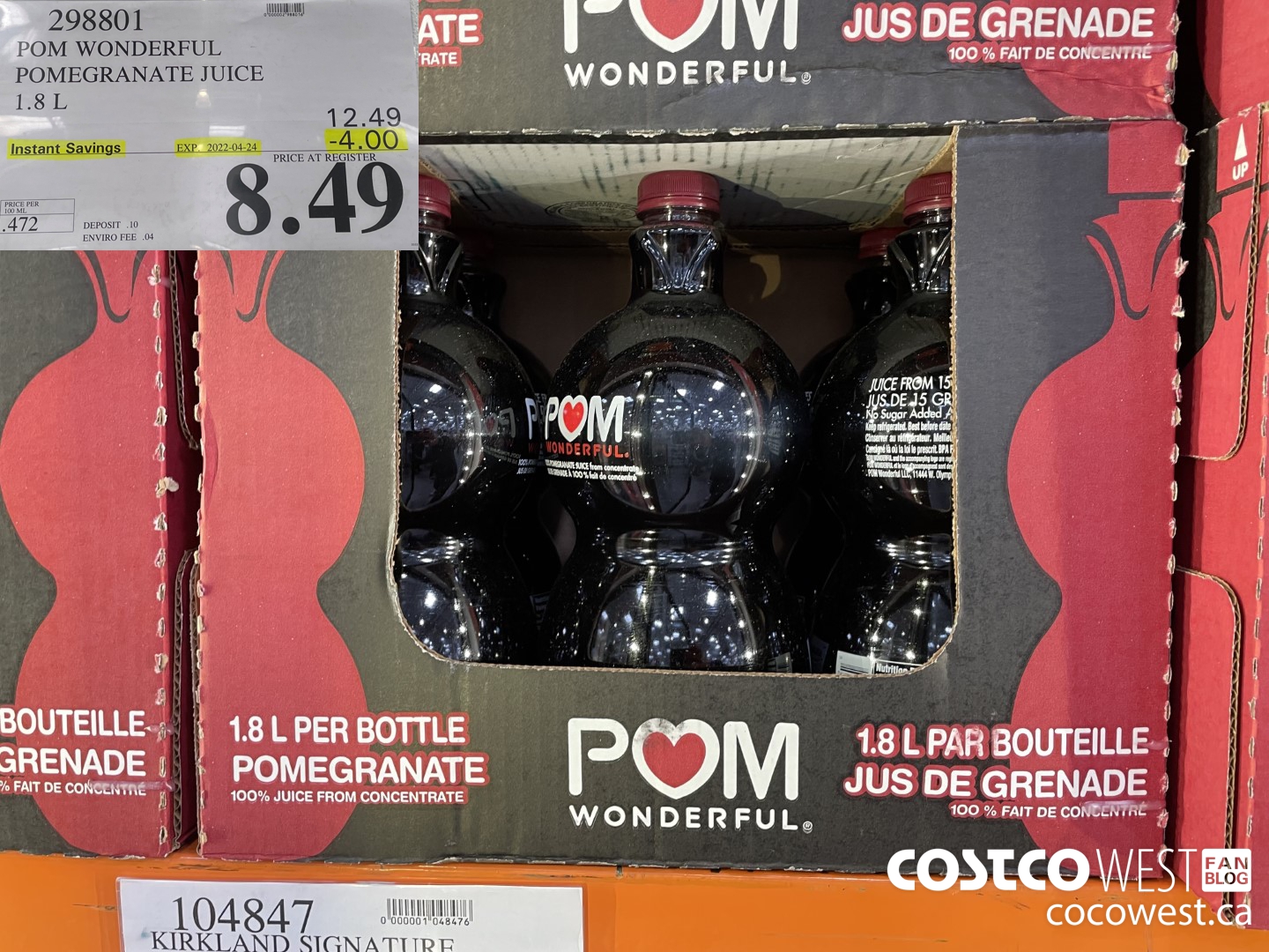 298801 POM WONDERFUL POMEGRANATE JUICE 1.8 L ($4.00 INSTANT SAVINGS EXPIRES ON 2022-04-24) $8.49