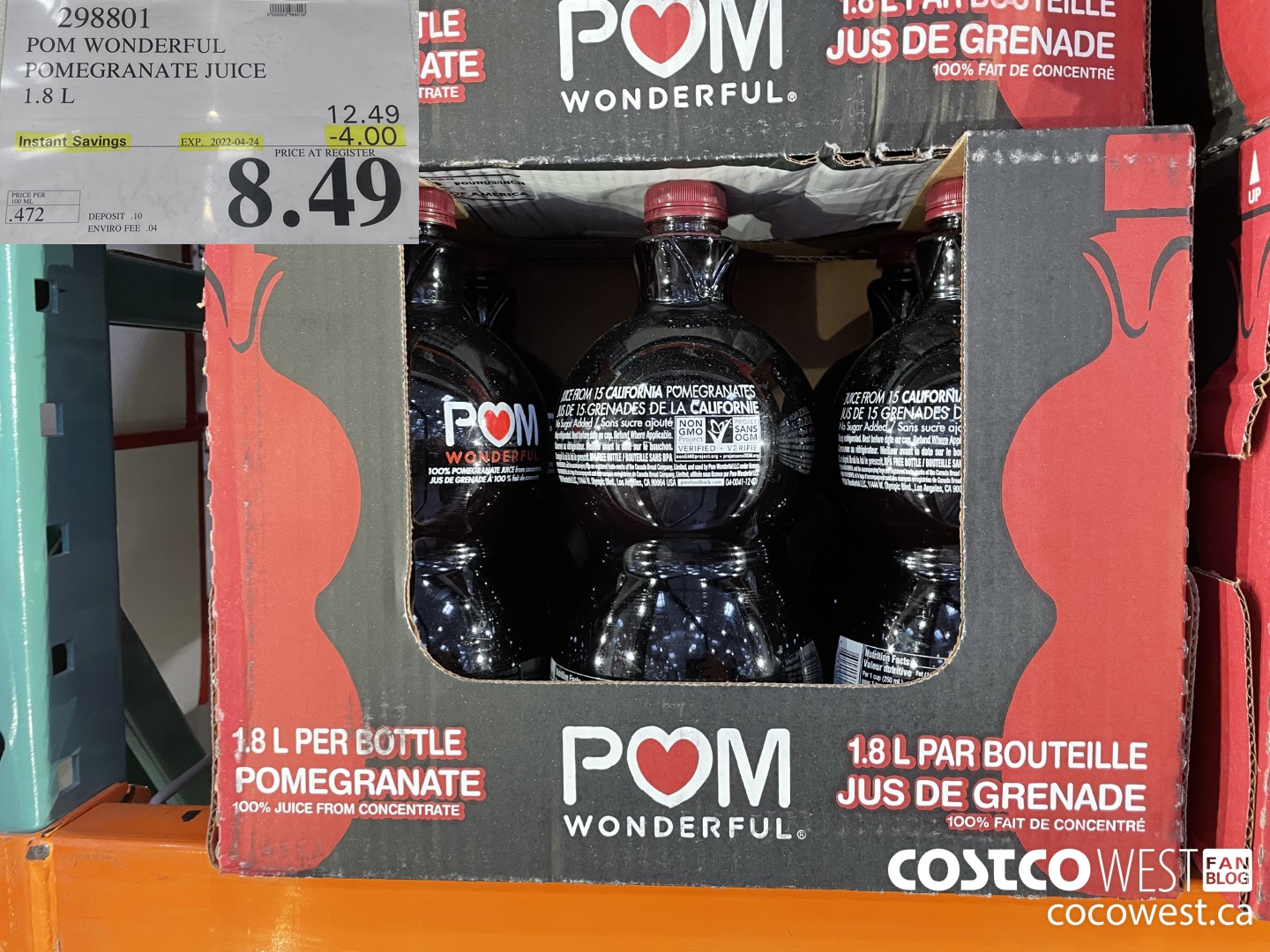 298801 POM WONDERFUL POMEGRANATE JUICE 1.8 L ($4.00 INSTANT SAVINGS EXPIRES ON 2022-04-24) $8.49