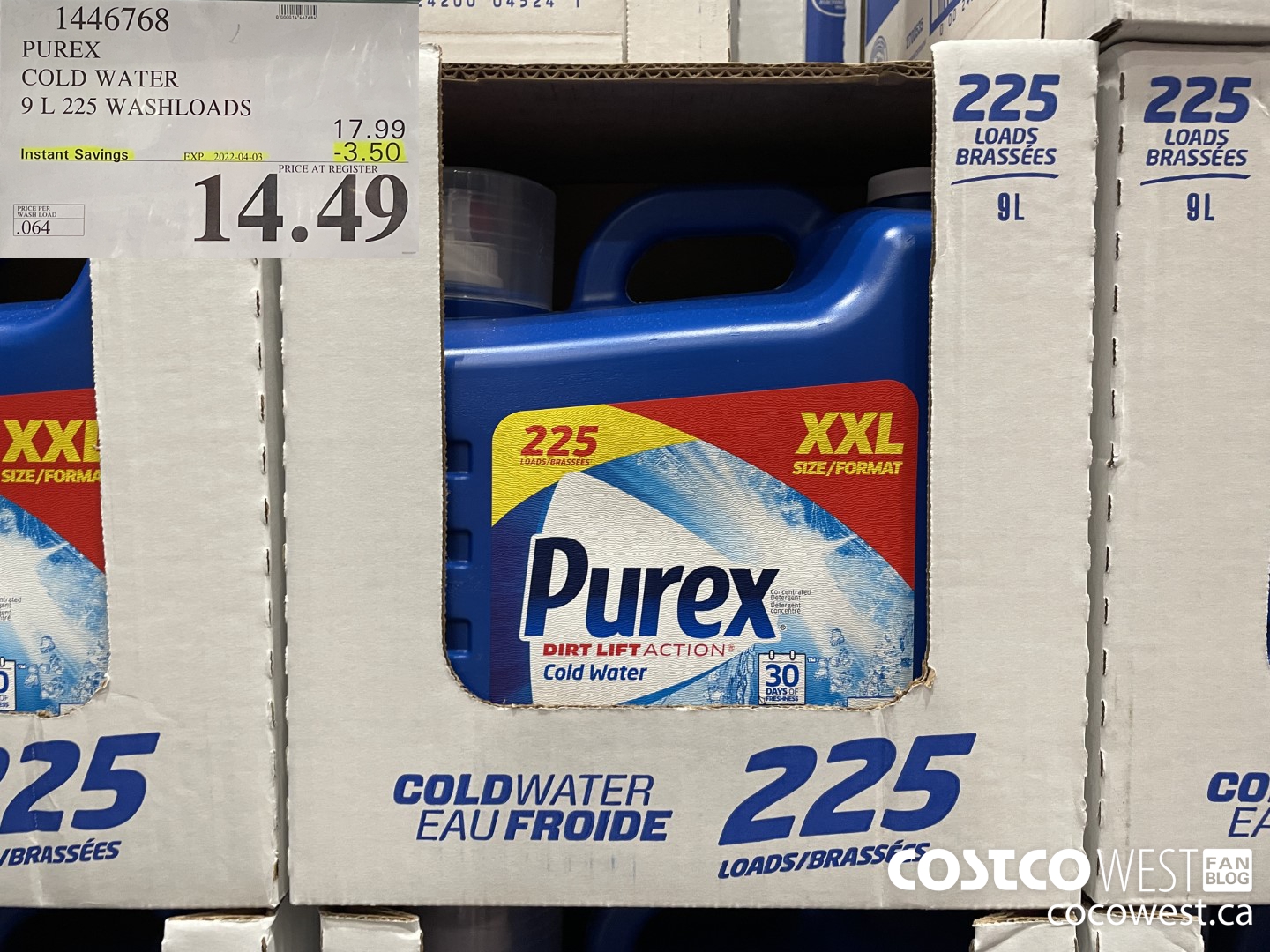 1446768 PUREX COLD WATER 9 L 225 WASHLOADS ($3.50 INSTANT SAVINGS EXPIRES ON 2022-04-03) $14.49