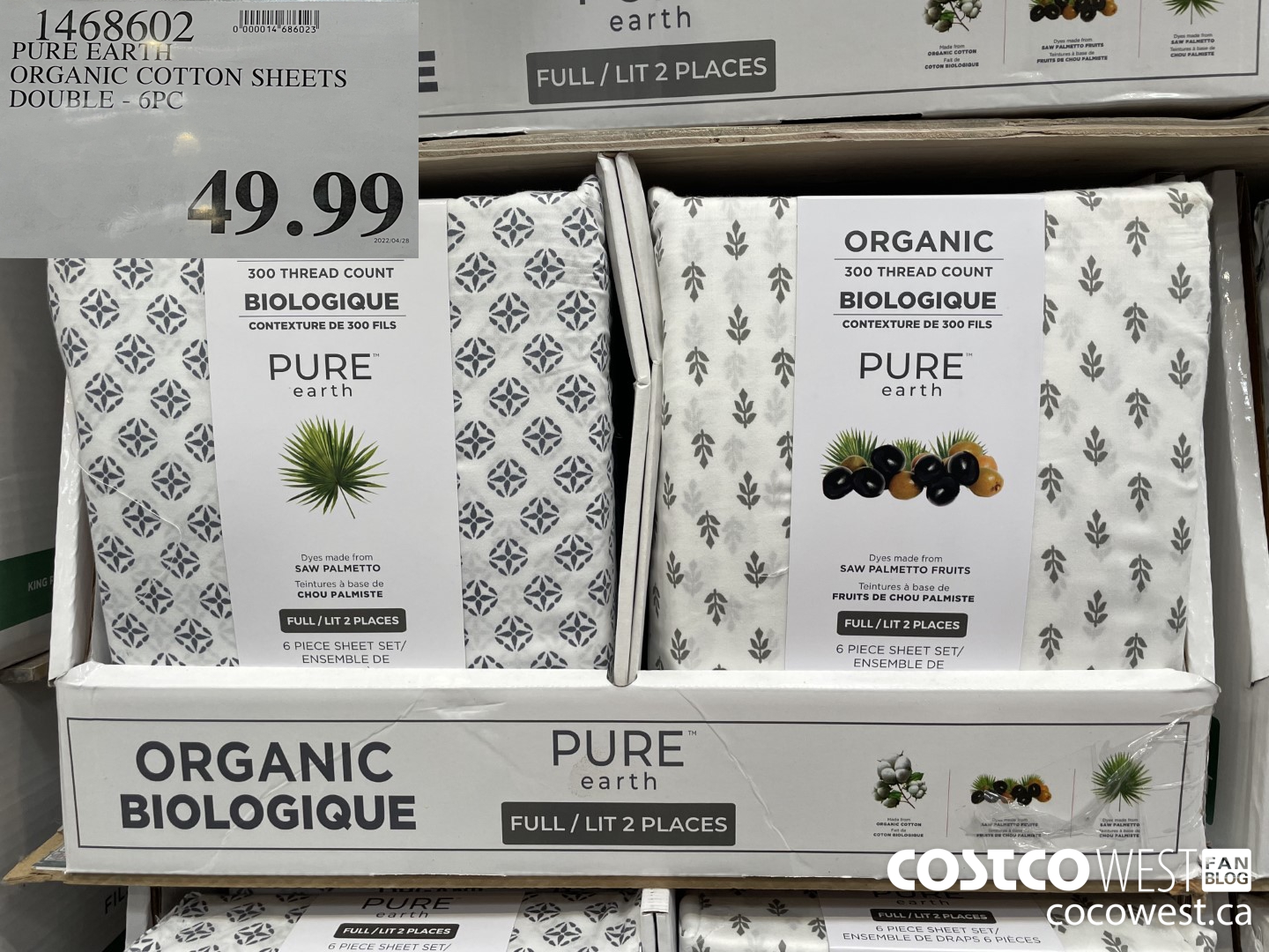 1468602 PURE EARTH ORGANIC COTTON SHEETS DOUBLE - 6PC $49.99