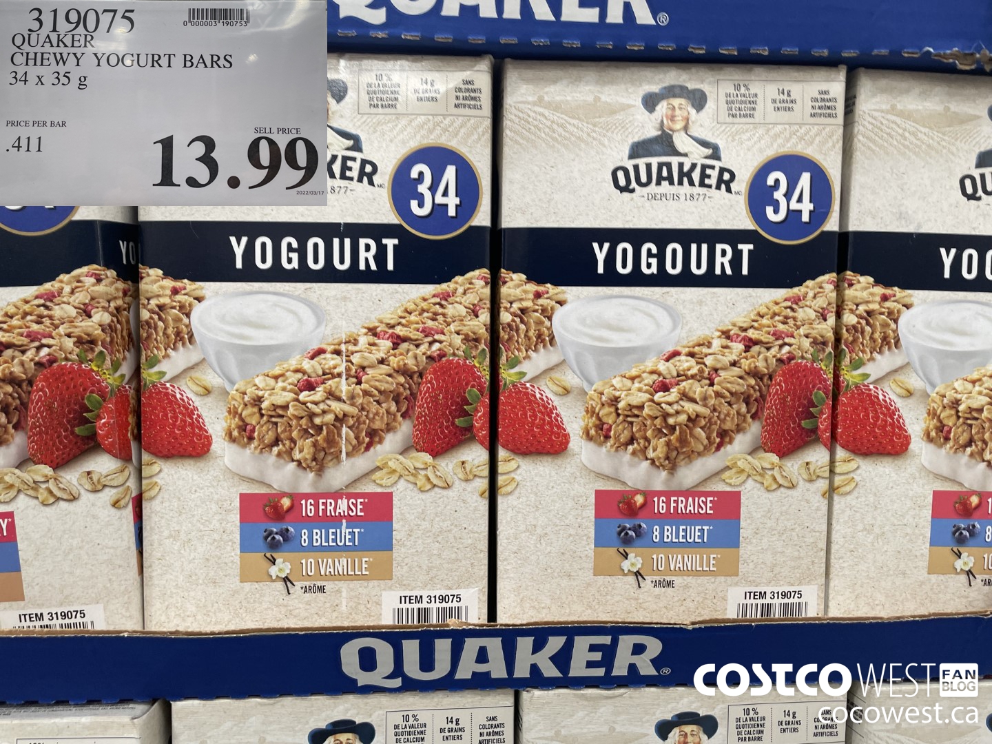319075 QUAKER CHEWY YOGURT BARS 34 X 35 G $13.99