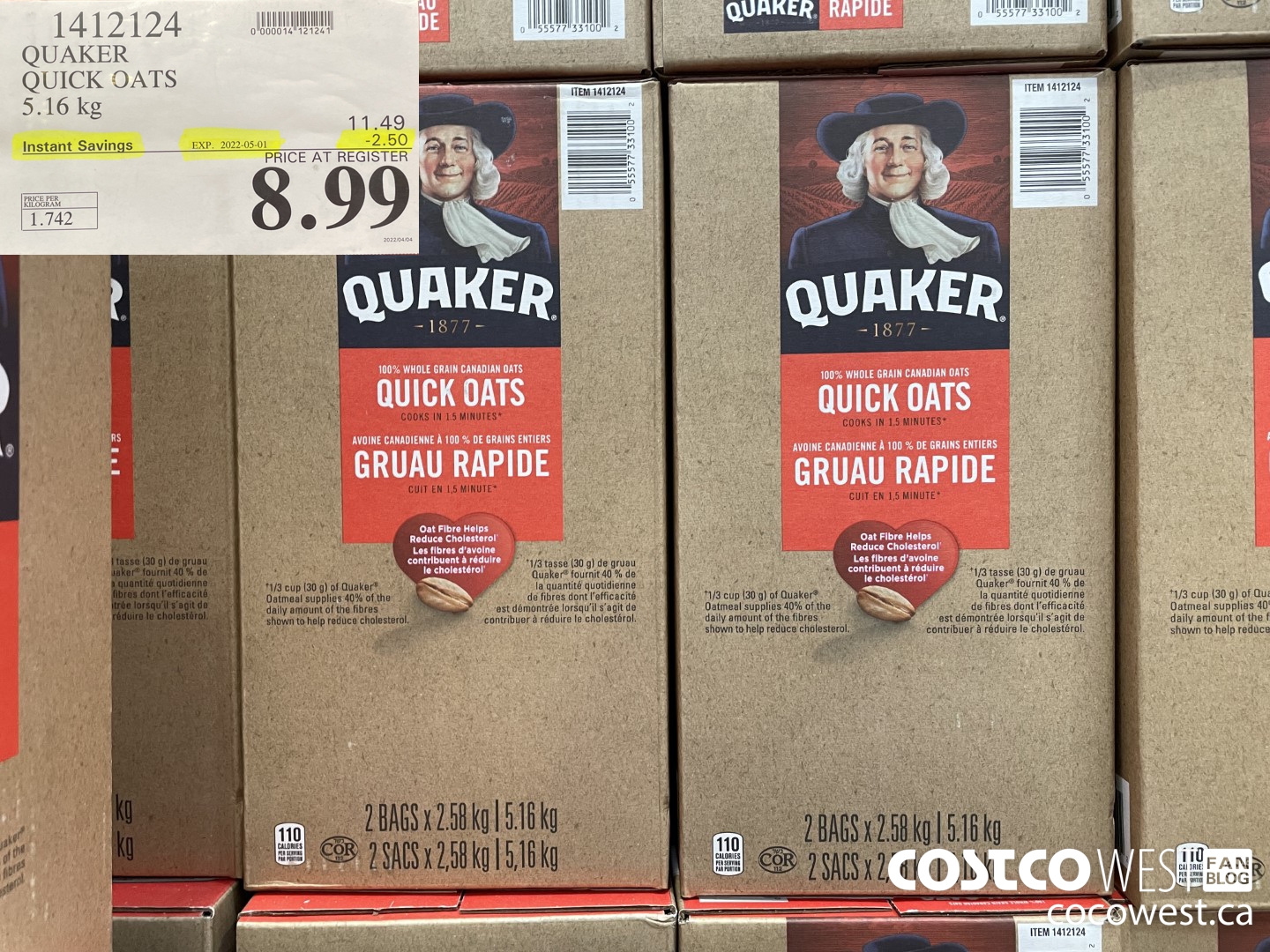 1412124 QUAKER QUICK OATS 5.16 kg ($2.50 INSTANT SAVINGS EXPIRES ON 2022-05-01) $8.99