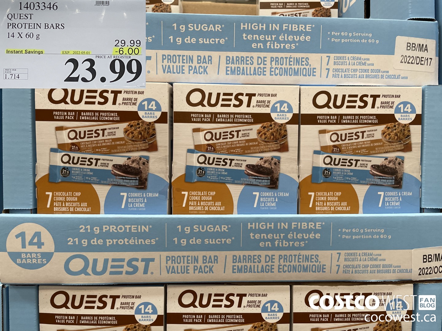 1403346 QUEST PROTEIN BARS 14 X 60g ($6.00 INSTANT SAVINGS EXPIRES ON 2022-05-01) $23.99