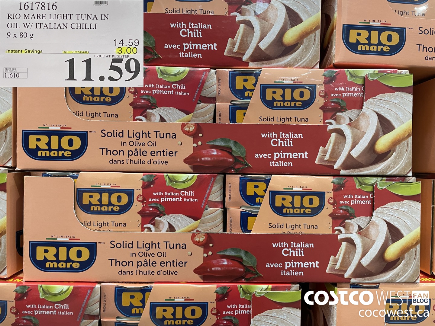 1617816 RIO MARE LIGHT TUNA IN OIL W/ ITALIAN CHILLI 9 x 80 g ($3.00 INSTANT SAVINGS EXPIRES ON 2022-04-03) $11.59