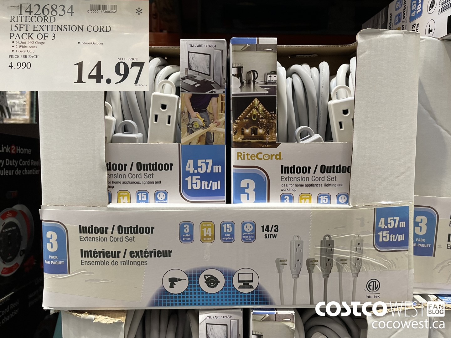 1426834 RITECORD 15FT EXTENSION CORD PACK OF 3 $14.97