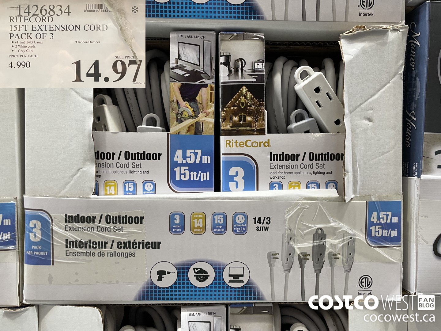 1426834 RITECORD 15FT EXTENSION CORD PACK OF 3 $14.97