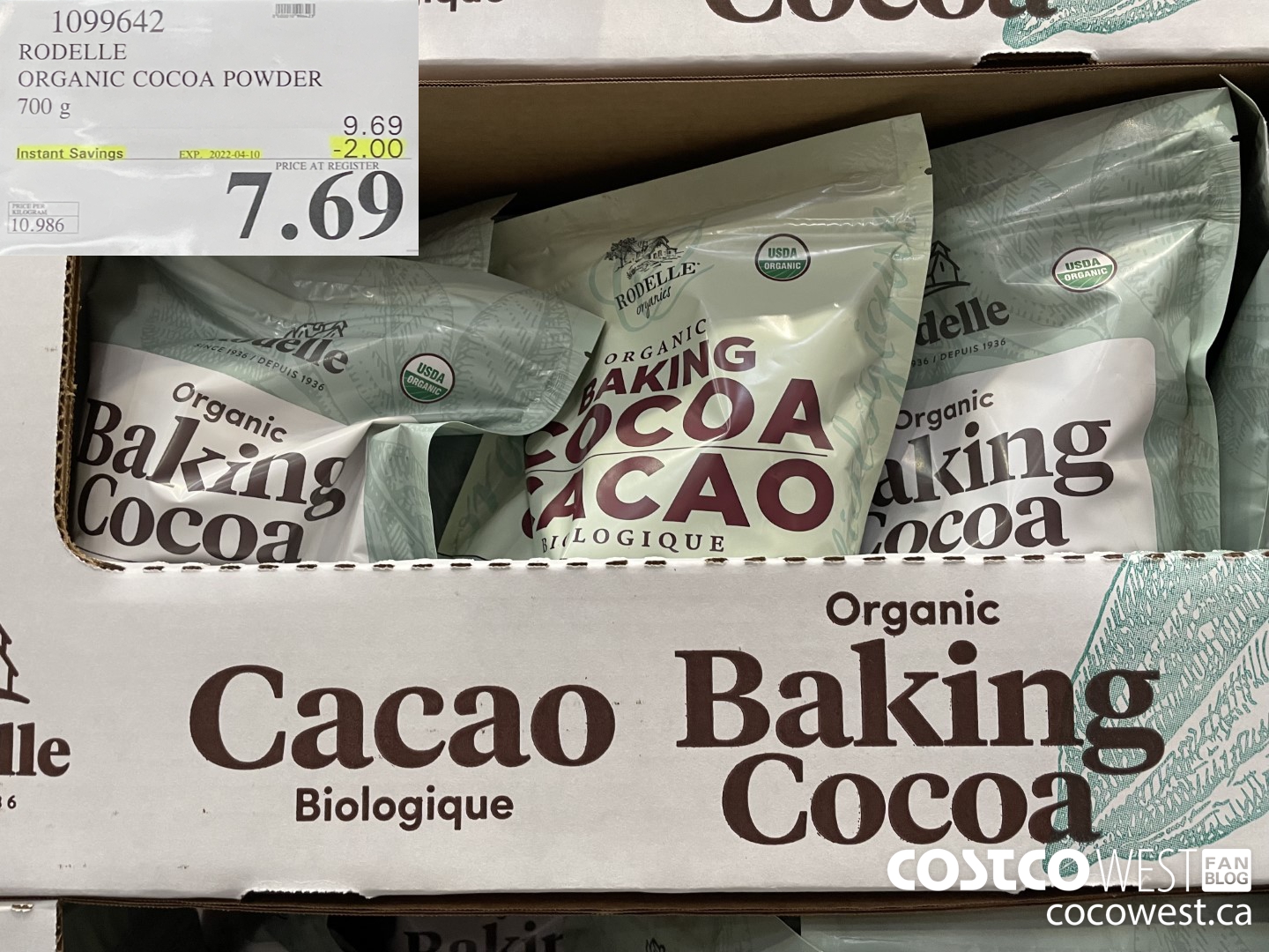 1099642 RODELLE ORGANIC COCOA POWDER 700 g ($2.00 INSTANT SAVINGS EXPIRES ON 2022-04-10) $7.69