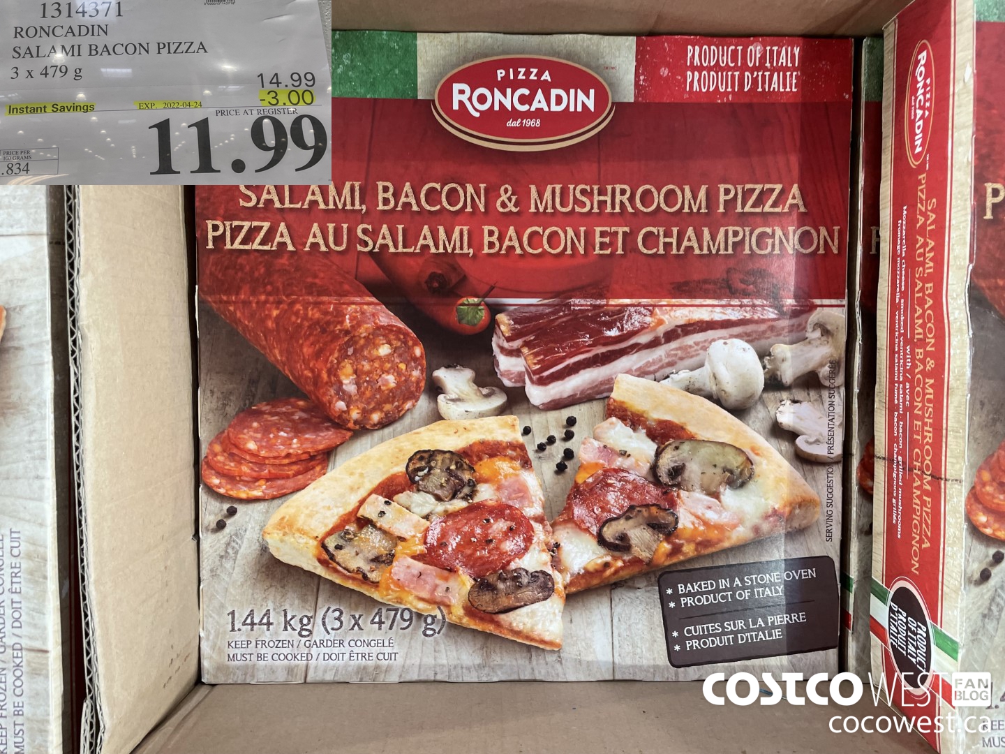1314371 RONCADIN SALAMI BACON PIZZA 3 x 479 g ($3.00 INSTANT SAVINGS EXPIRES ON 2022-04-24) $11.99
