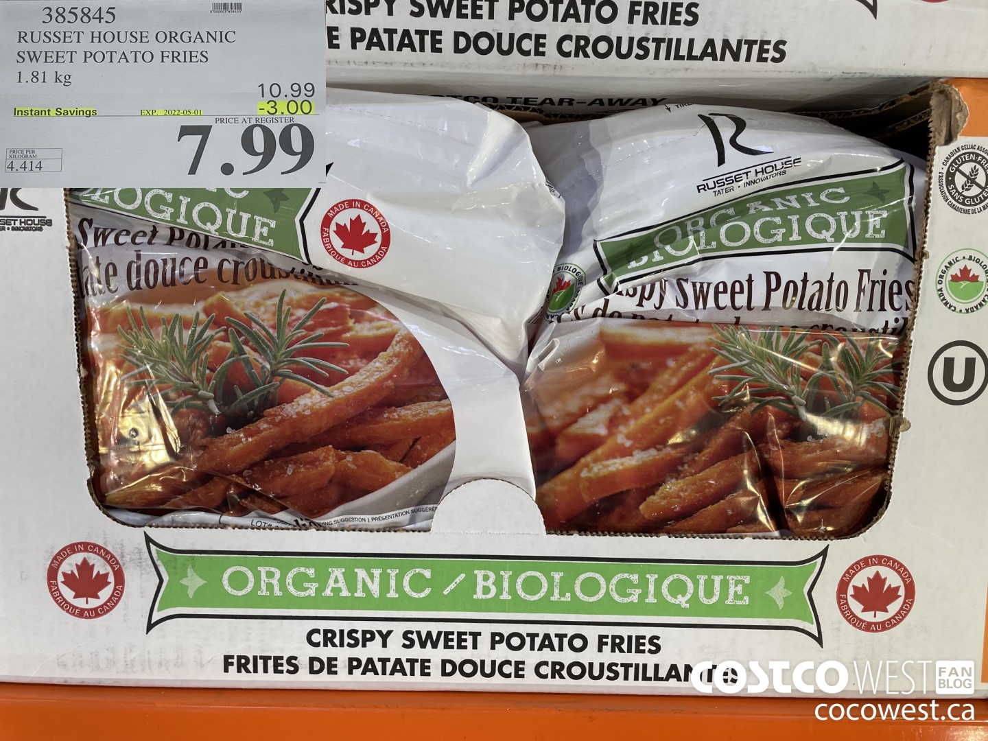 385845 RUSSET HOUSE ORGANIC SWEET POTATO FRIES 1.81 kg ($3.00 INSTANT SAVINGS EXPIRES ON 2022-05-01) $7.99
