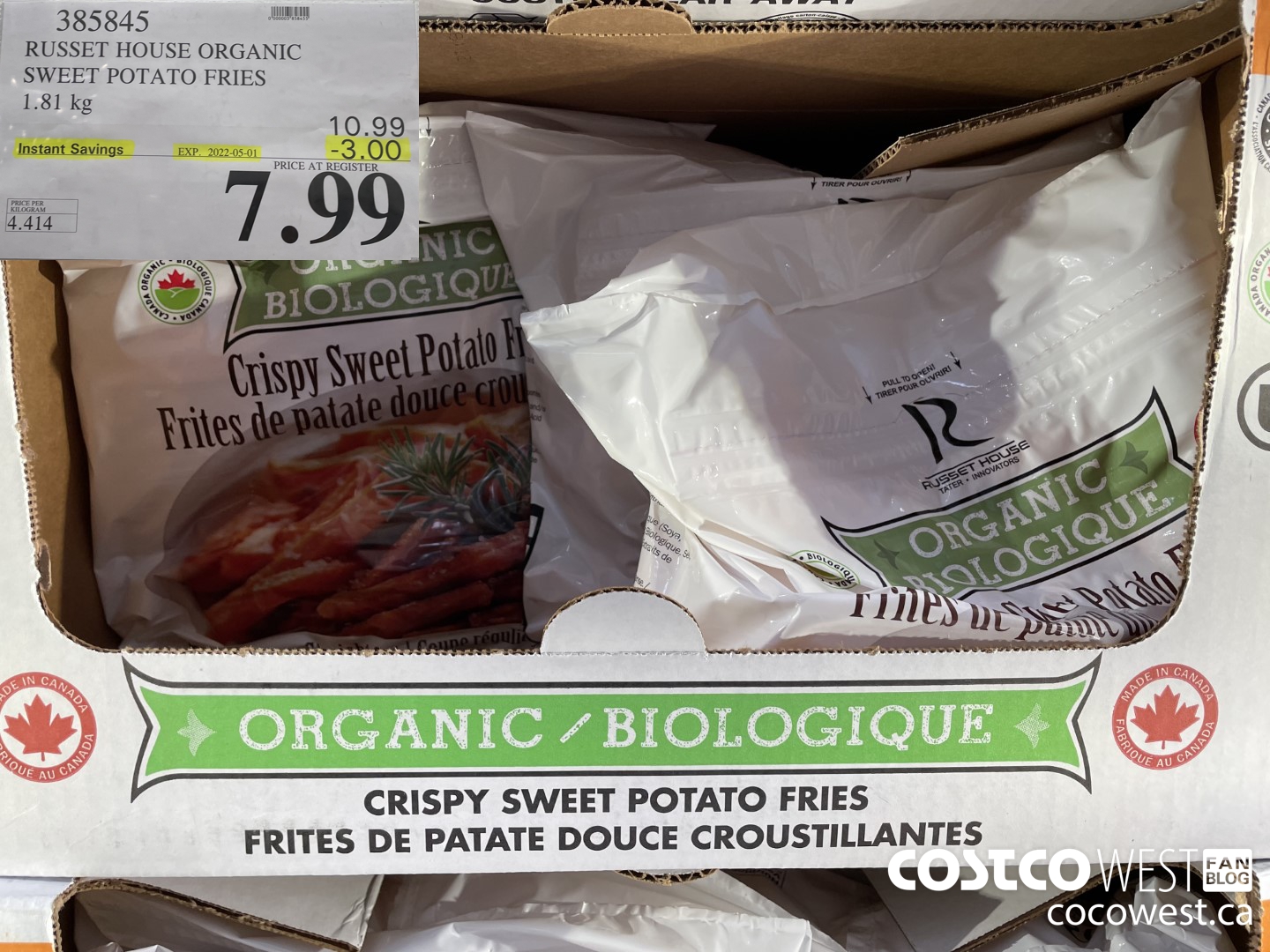 385845 RUSSET HOUSE ORGANIC SWEET POTATO FRIES 1.81 kg ($3.00 INSTANT SAVINGS EXPIRES ON 2022-05-01) $7.99