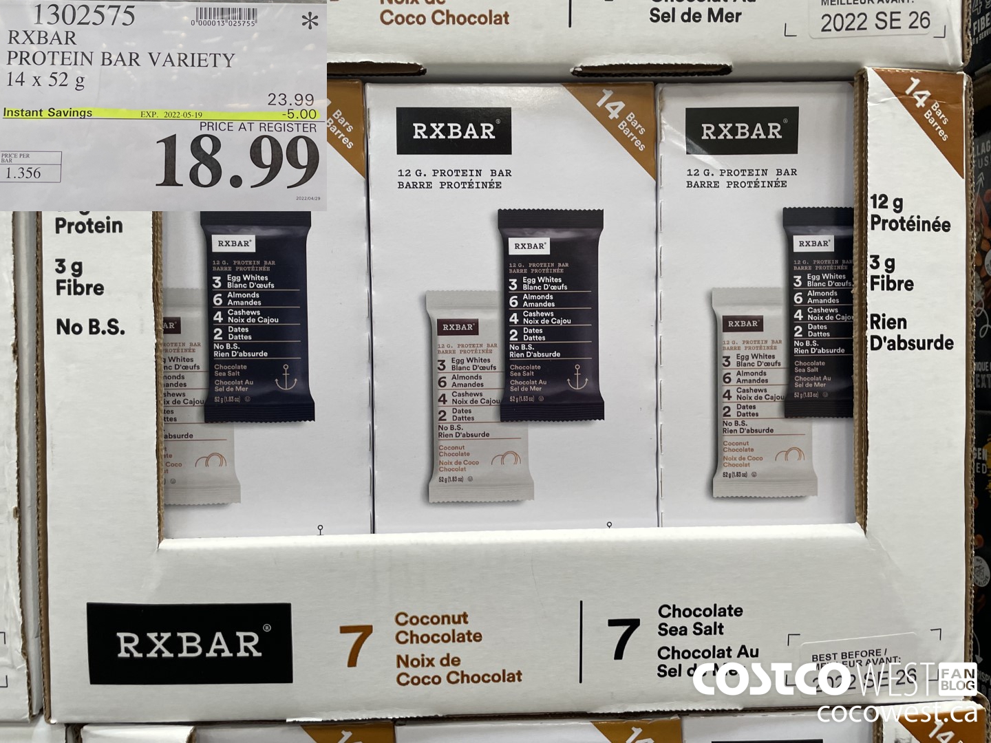 1302575 RXBAR PROTEIN BAR VARIETY PACK 14 x 52 g ($5.00 INSTANT SAVINGS EXPIRES ON 2022-05-19) $18.99