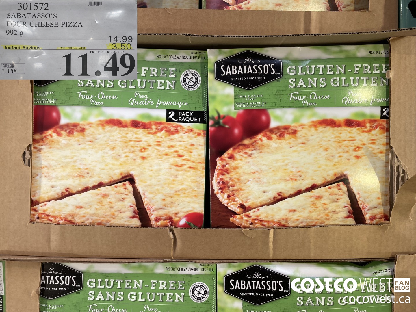 301572 SABATASSO'S FOUR CHEESE PIZZA 992 G ($3.50 INSTANT SAVINGS EXPIRES ON 2022-05-08) $11.49