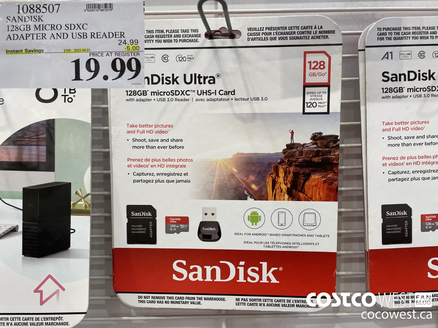 1088507 SANDISK 128GB MICRO SDXC ADAPTER AND USB READER ($5.00 INSTANT SAVINGS EXPIRES ON 2022-04-03) $19.99