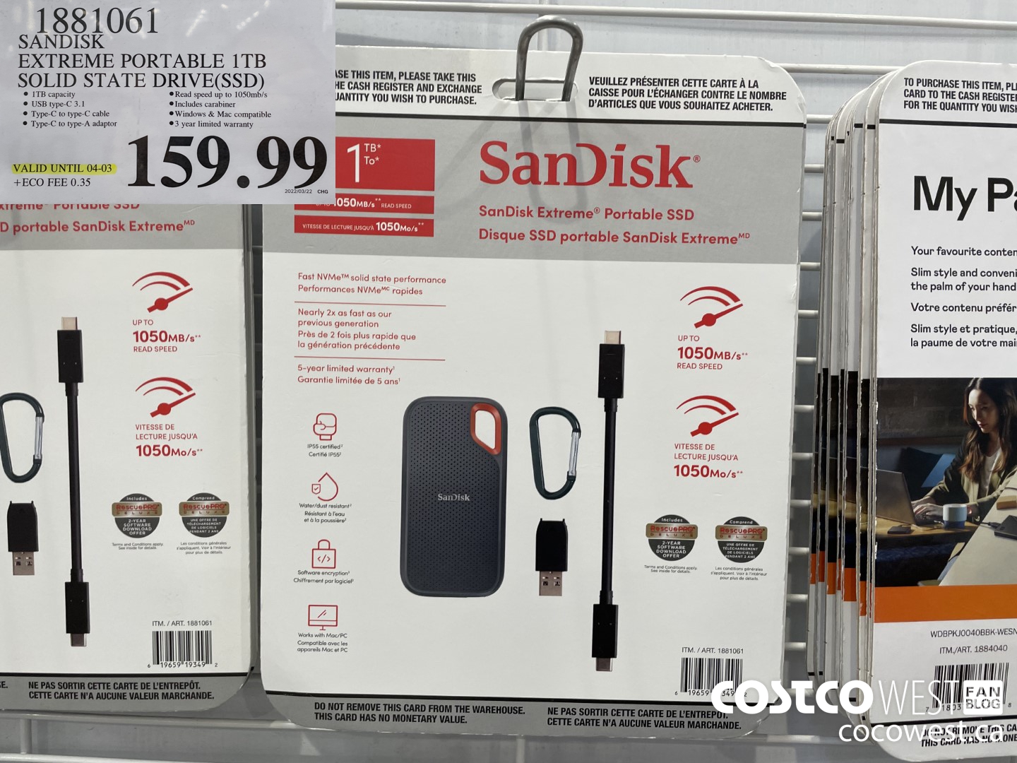 1881061 SANDISK EXTREME PORTABLE 1TB SOLID STATE DRIVE(SSD) (EXPIRES ON 2022-04-03) $159.99