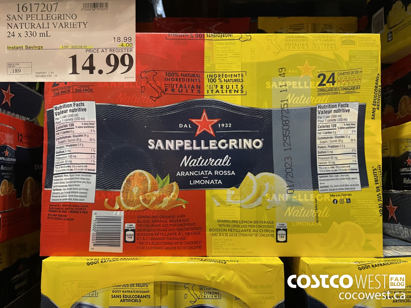 1617207 SAN PELLEGRINO NATURALI VARIETY 24 x 330 mL ($4.00 INSTANT SAVINGS EXPIRES ON 2022-04-10) $14.99