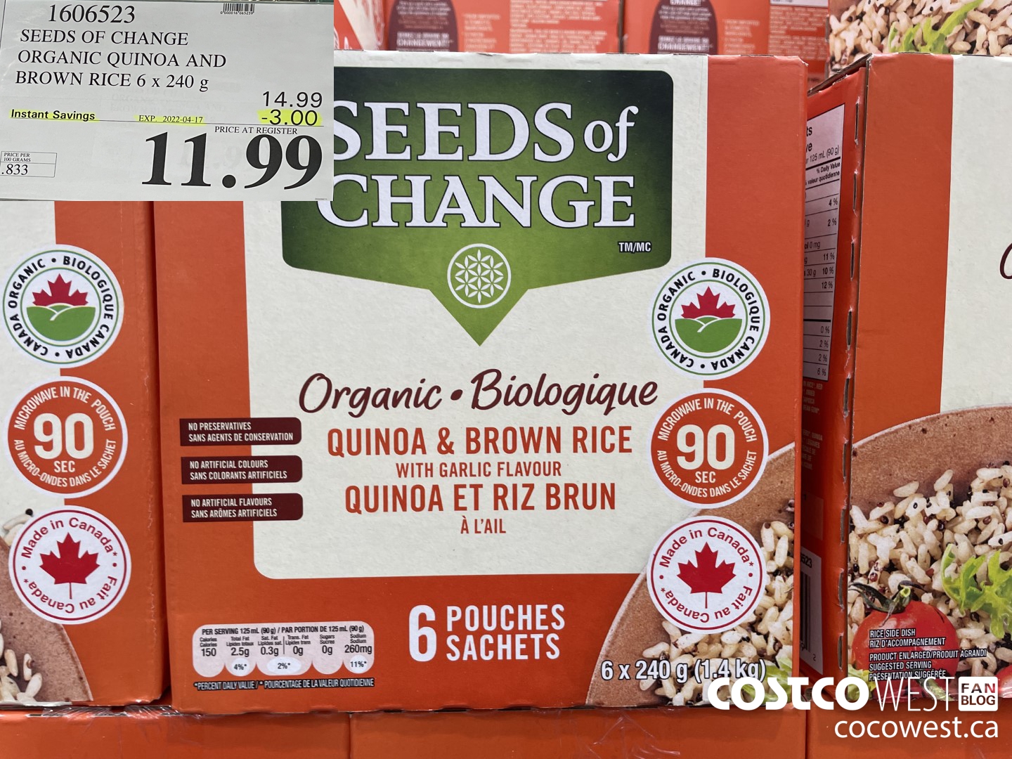 1606523 SEEDS OF CHANGE ORGANIC QUINOA AND BROWN RICE 6 x 240 g ($3.00 INSTANT SAVINGS EXPIRES ON 2022-04-17) $11.99