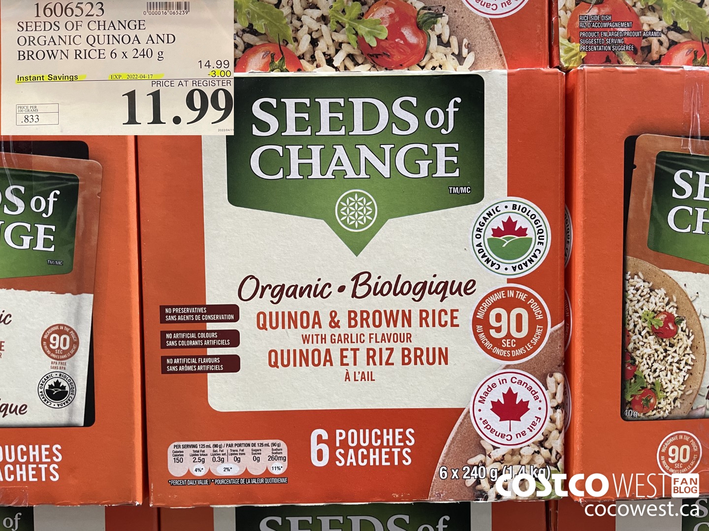1606523 SEEDS OF CHANGE ORGANIC QUINOA AND BROWN RICE 6 x 240 g ($3.00 INSTANT SAVINGS EXPIRES ON 2022-04-17) $11.99