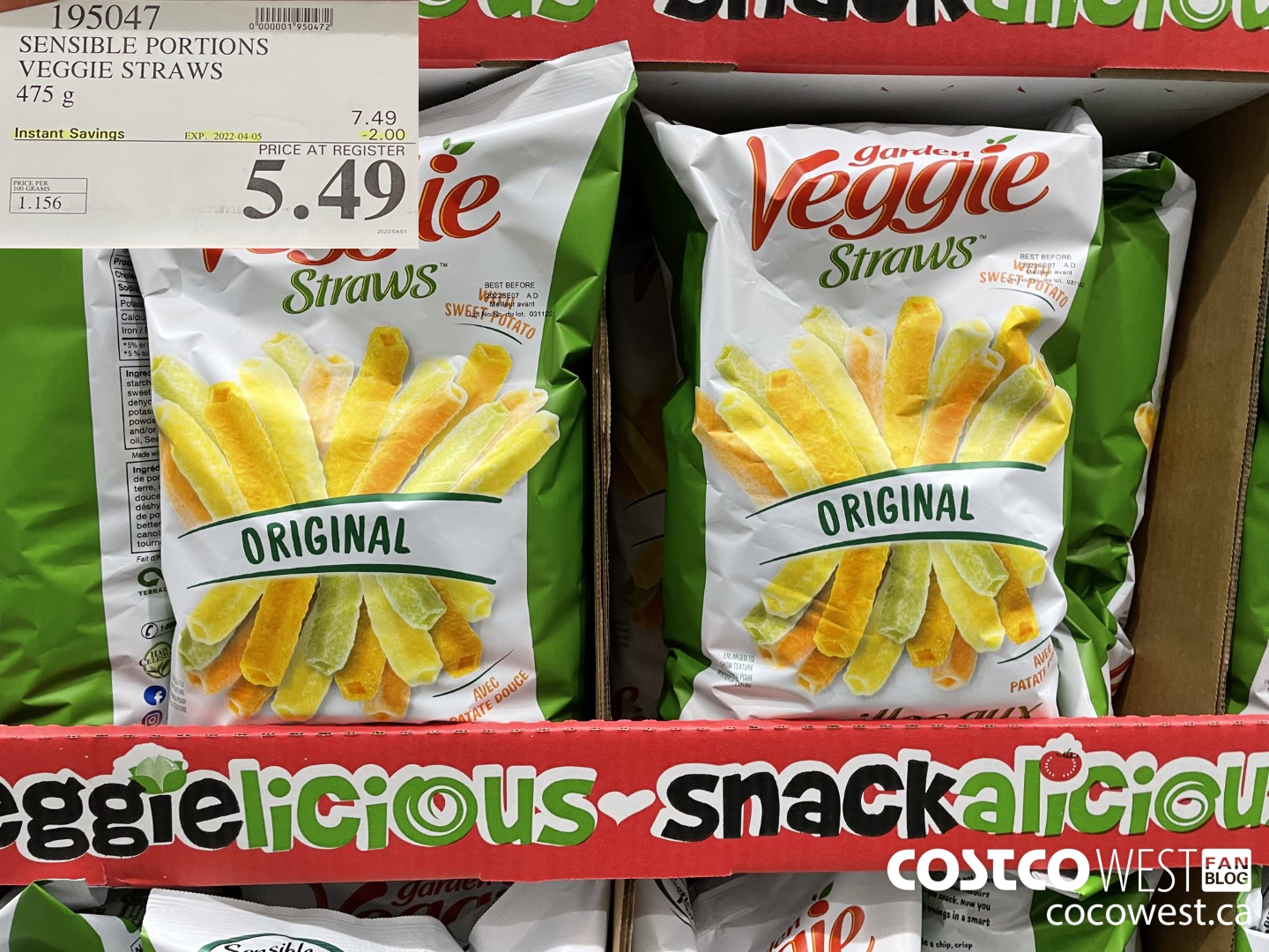 195047 SENSIBLE PORTIONS VEGGIE STRAWS 475 g ($2.00 INSTANT SAVINGS EXPIRES ON 2022-04-05) $5.49