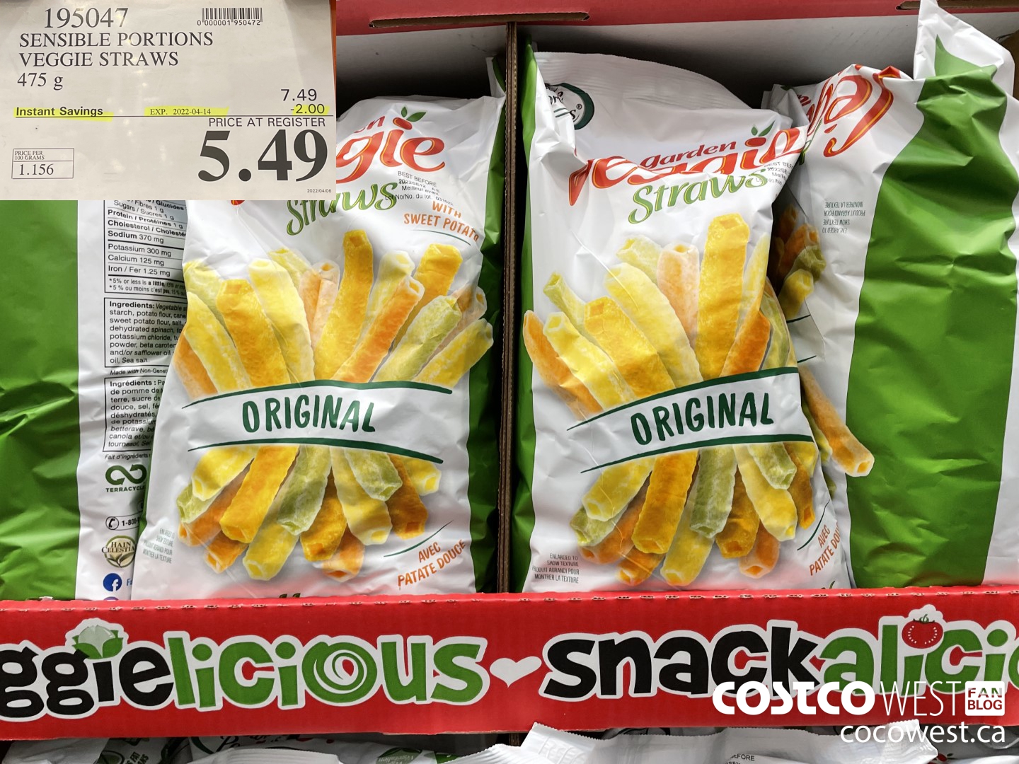 195047 SENSIBLE PORTIONS VEGGIE STRAWS 475 g ($2.00 INSTANT SAVINGS EXPIRES ON 2022-04-14) $5.49