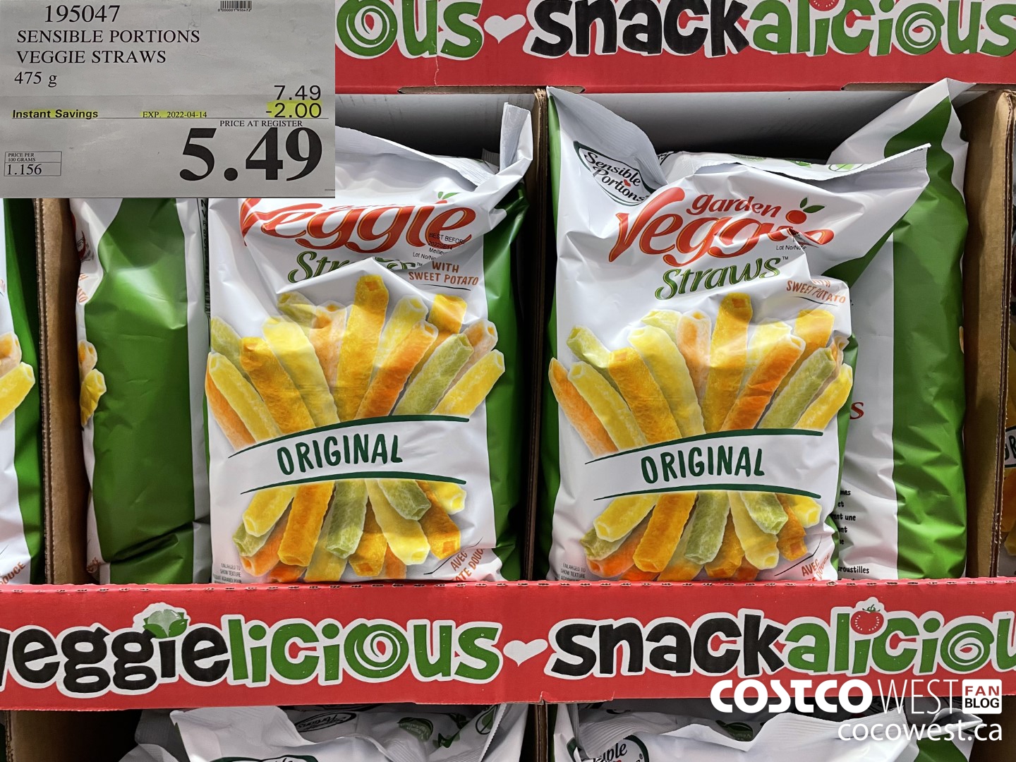 195047 SENSIBLE PORTIONS VEGGIE STRAWS 475 g ($2.00 INSTANT SAVINGS EXPIRES ON 2022-04-14) $5.49