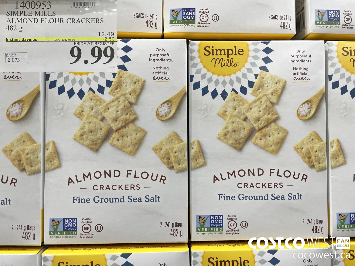 1400953 SIMPLE MILLS ALMOND FLOUR CRACKERS 482 g ($2.50 INSTANT SAVINGS EXPIRES ON 2022-04-06) $9.99